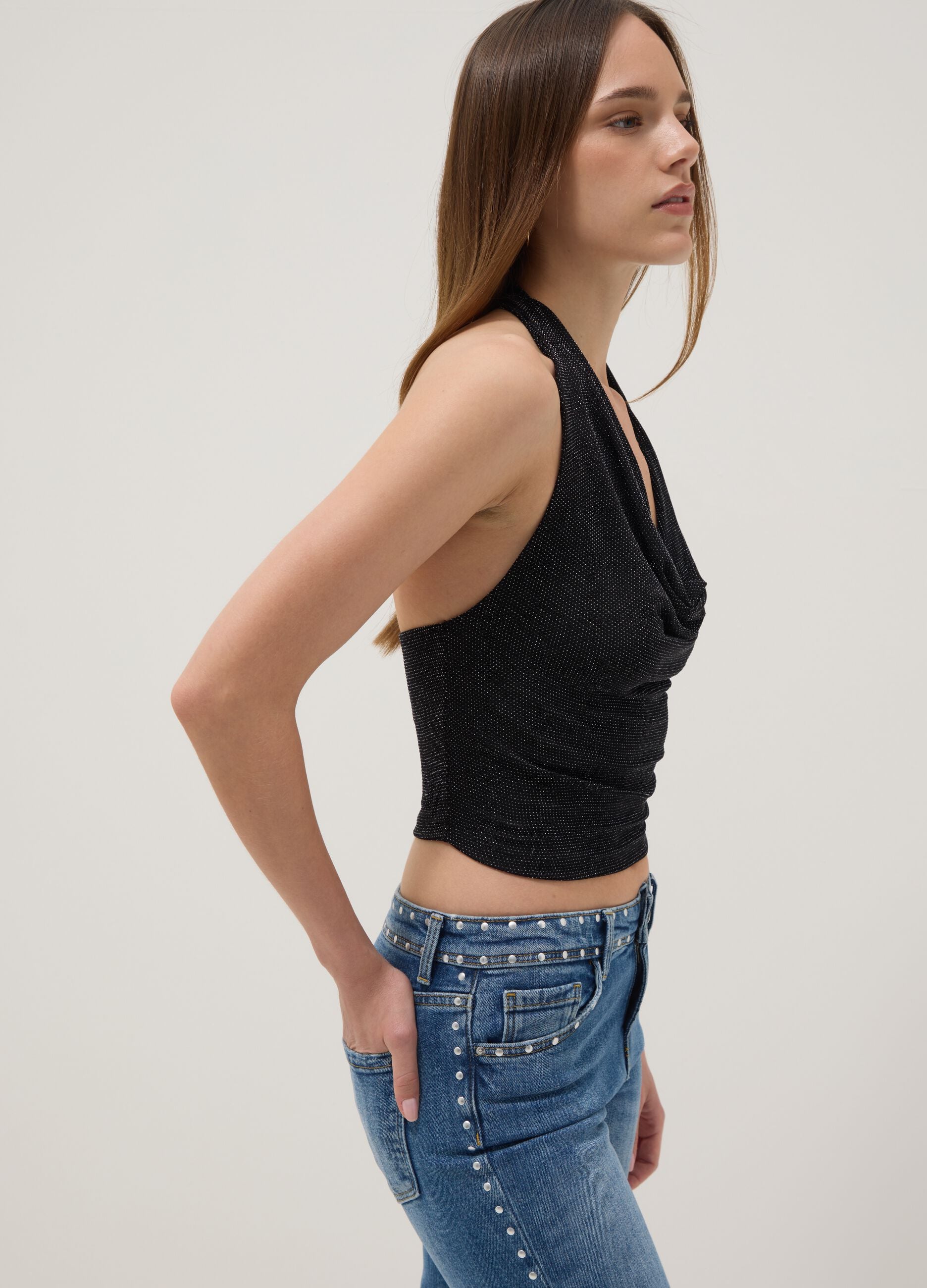 Black halterneck top in stretch fabric, regular fit