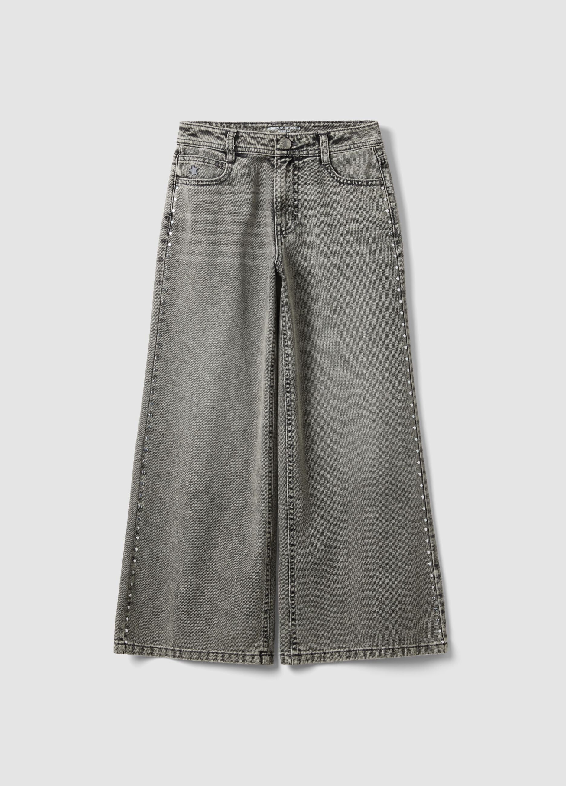 Girls&rsquo; pure cotton wide-leg grey jeans with studs
