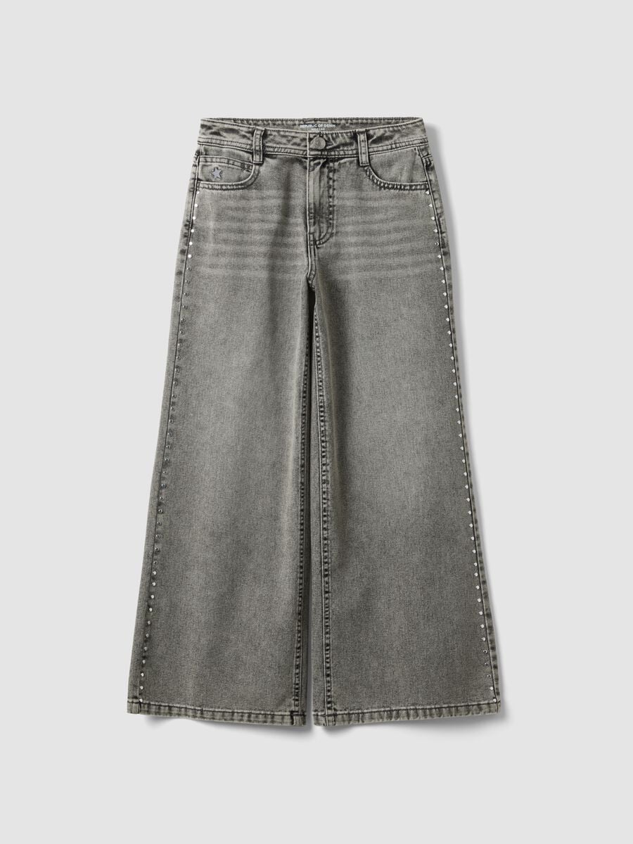 Girls&rsquo; pure cotton wide-leg grey jeans with studs_3