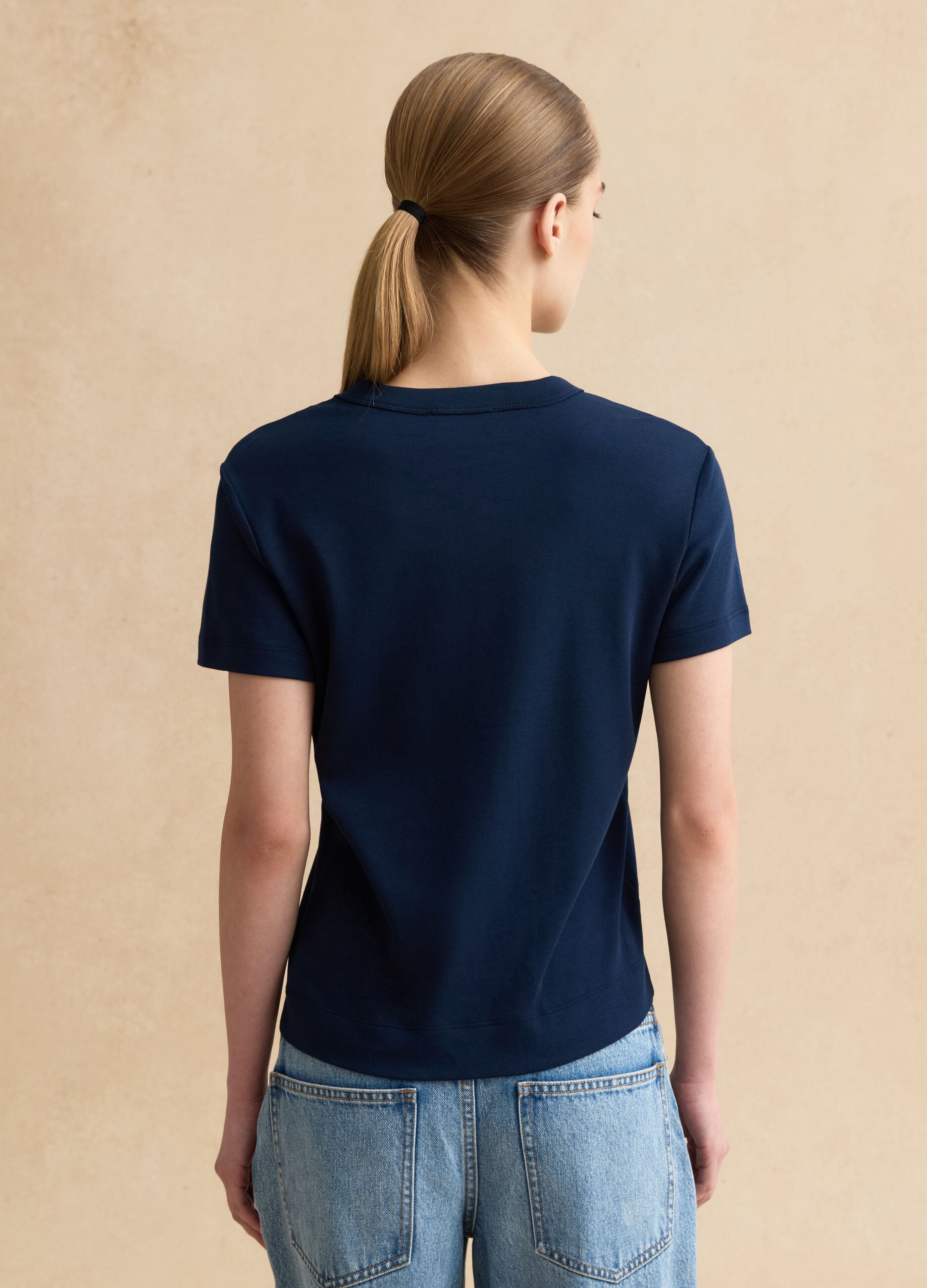 Regular fit blue cotton blend short sleeve t-shirt