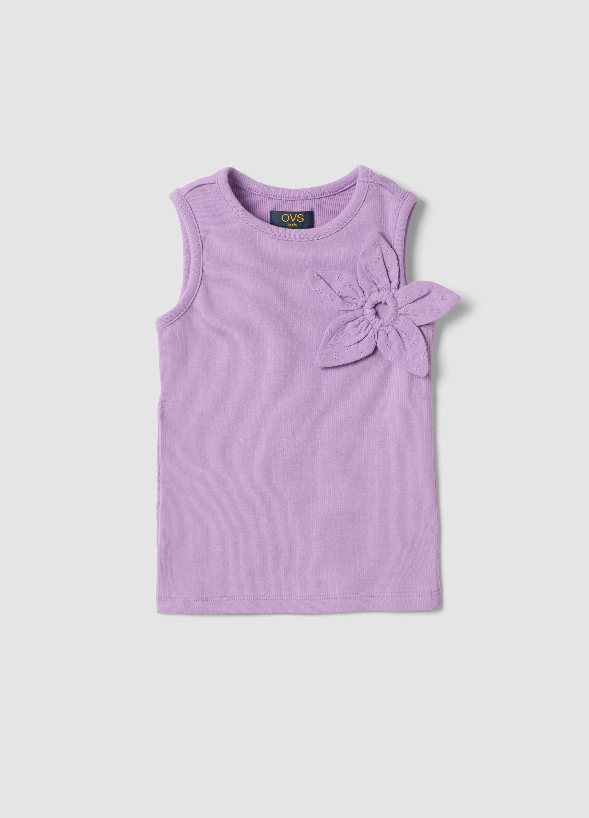 Purple fitted stretch cotton vest top with appliqu&eacute; flower for girls