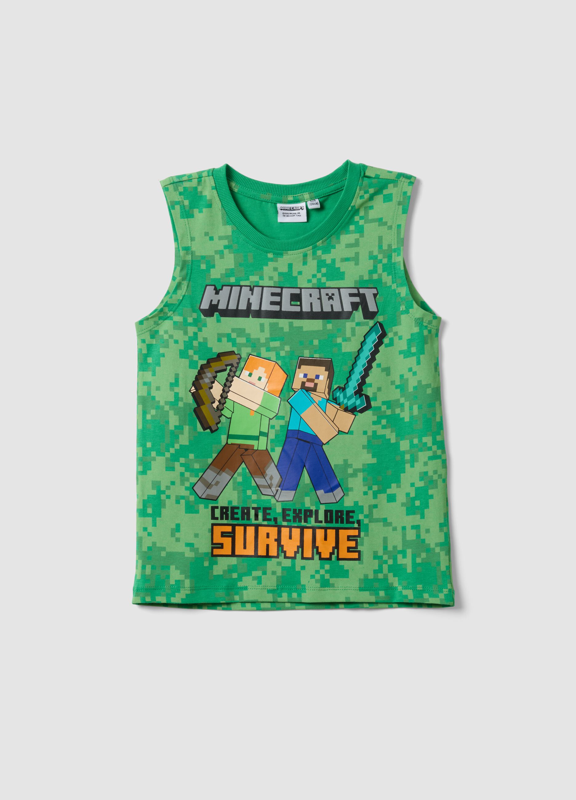 Green pure cotton boys' vest with Minecraft prints