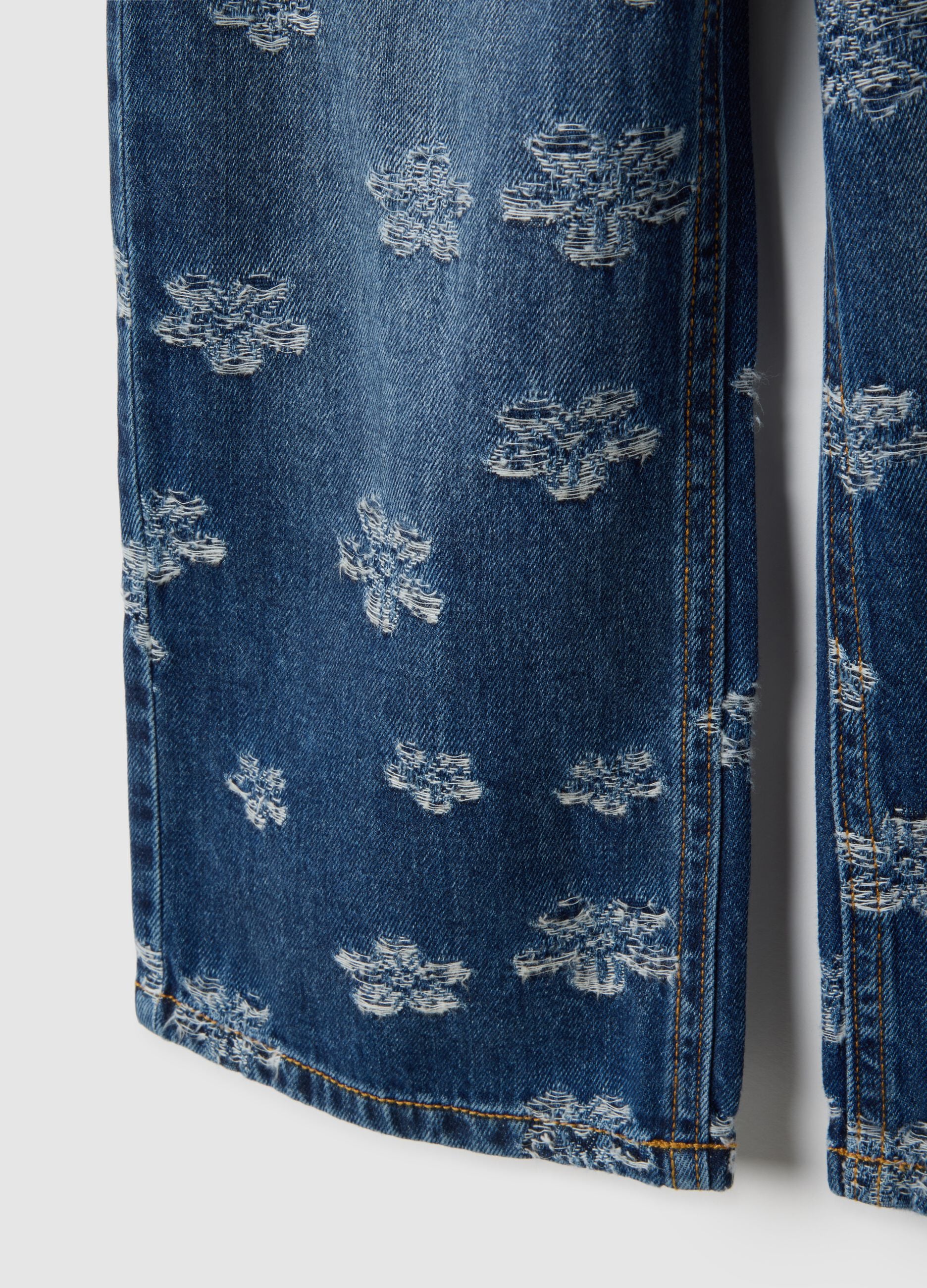 Girls' blue pure cotton jeans regular fit with flowers