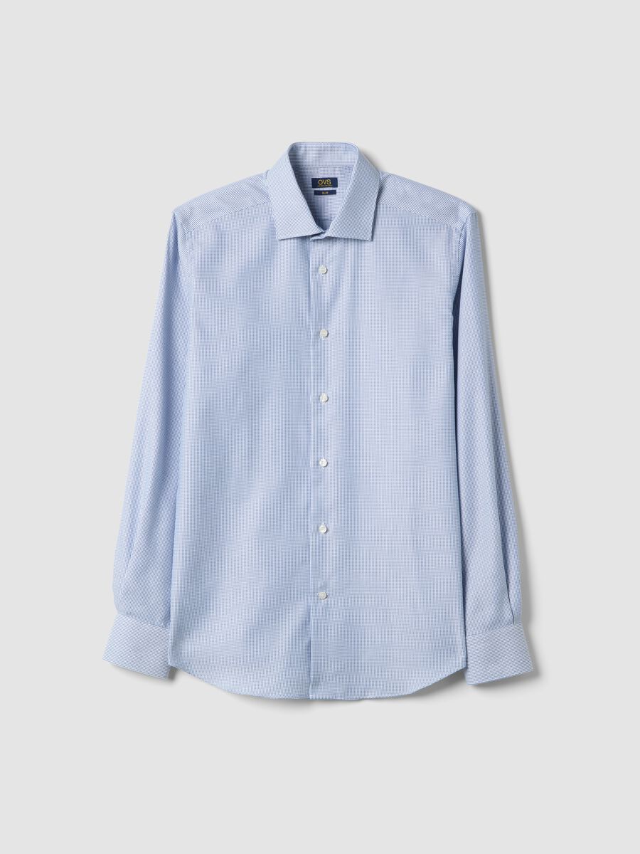 Camicia azzurra in puro cotone con microquadri easy iron slim fit_4