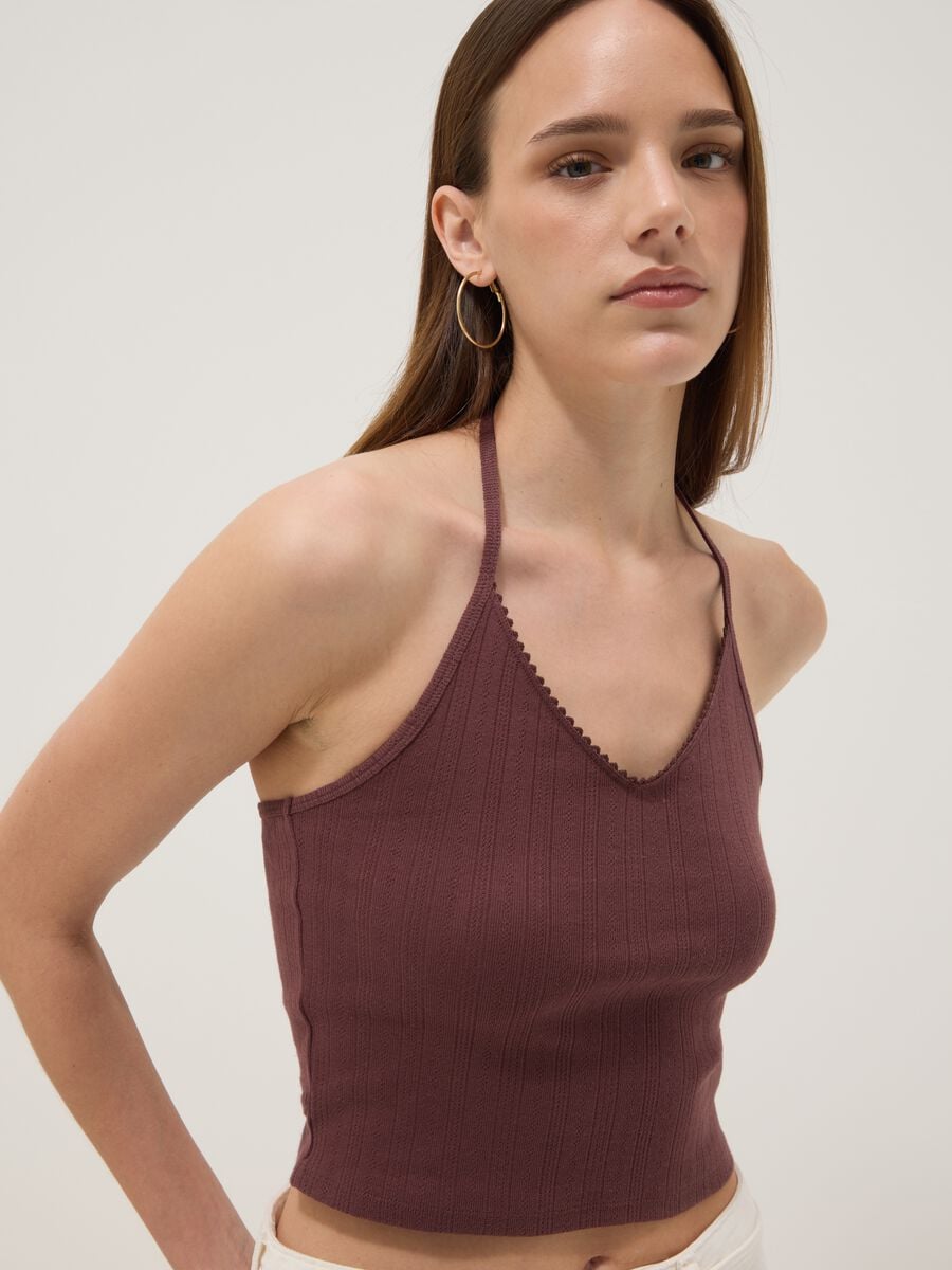 Tank top marrone corto in puro cotone_0