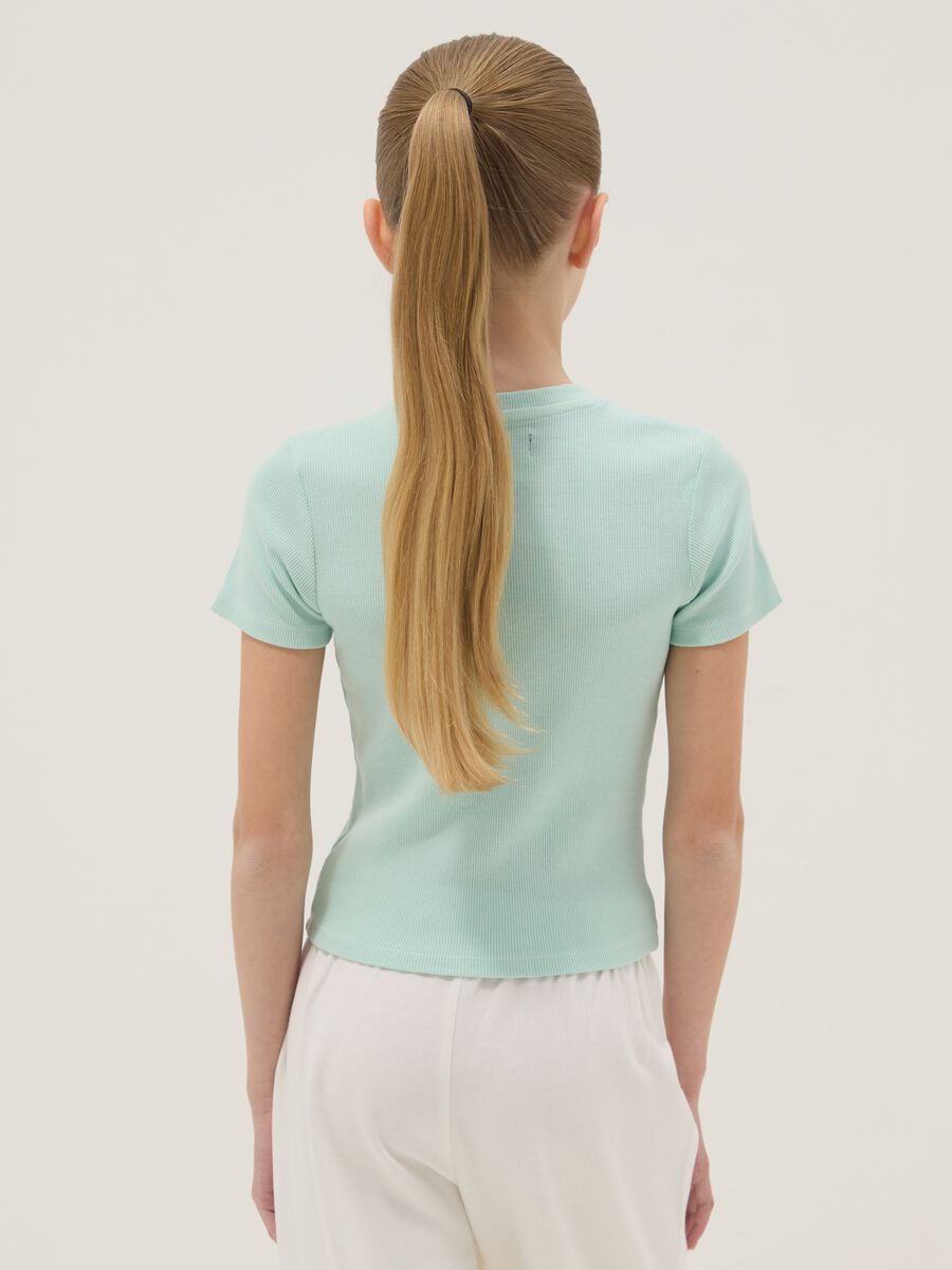 Blue fitted cotton stretch T-shirt for girls with embroidery_1