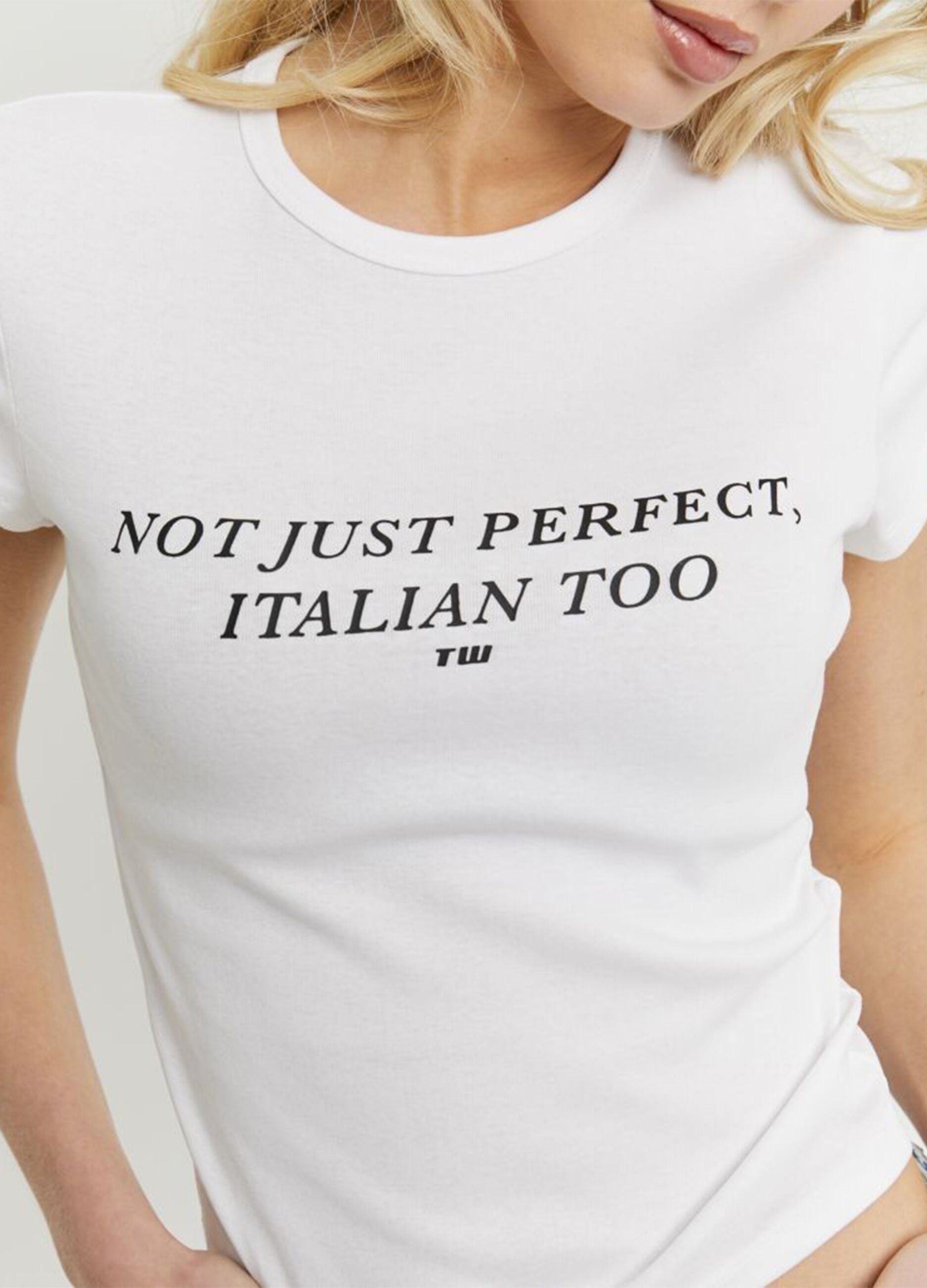 White short-sleeve stretch cotton slogan T-shirt