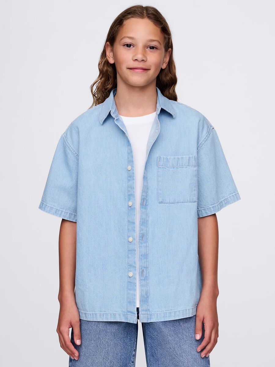 Short-sleeved denim shirt_0