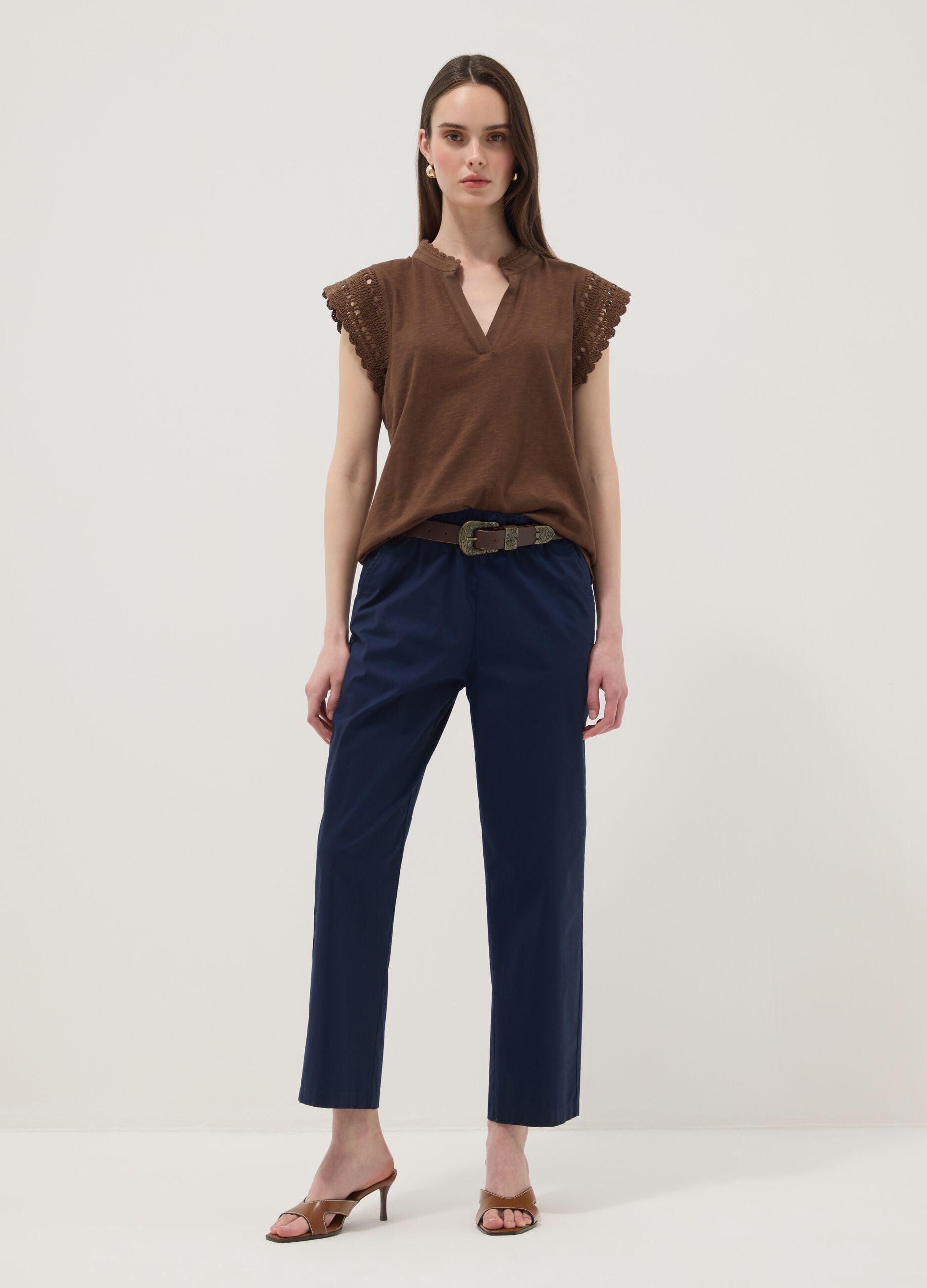 Brown pure cotton T-shirt with crochet details, regular fit