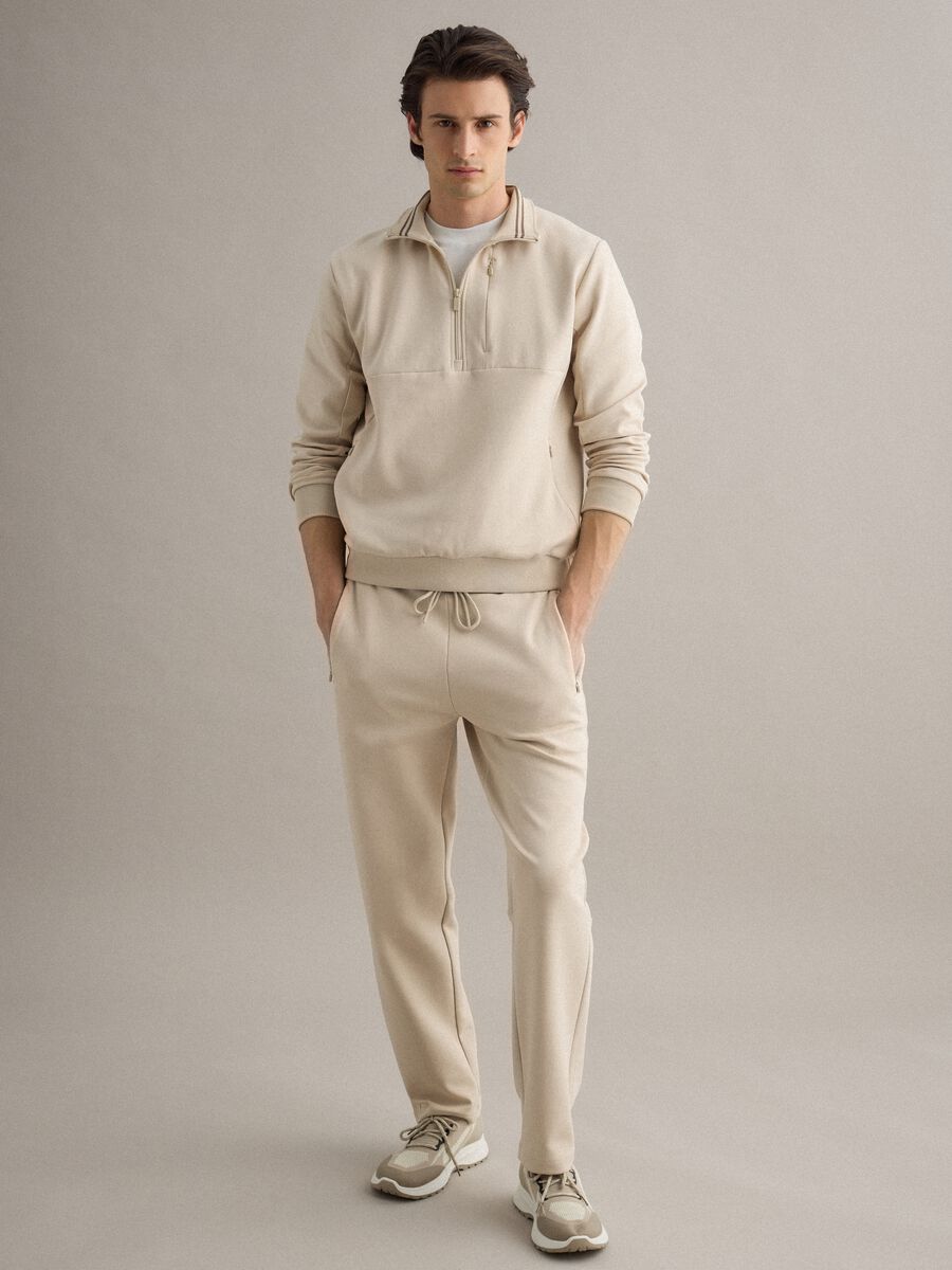 Beige Stretch Cotton Blend Joggers, Regular Fit_0