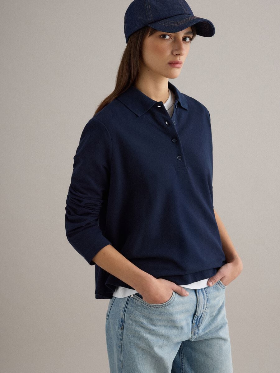 Long-sleeve blue polo shirt in pure cotton regular fit_1