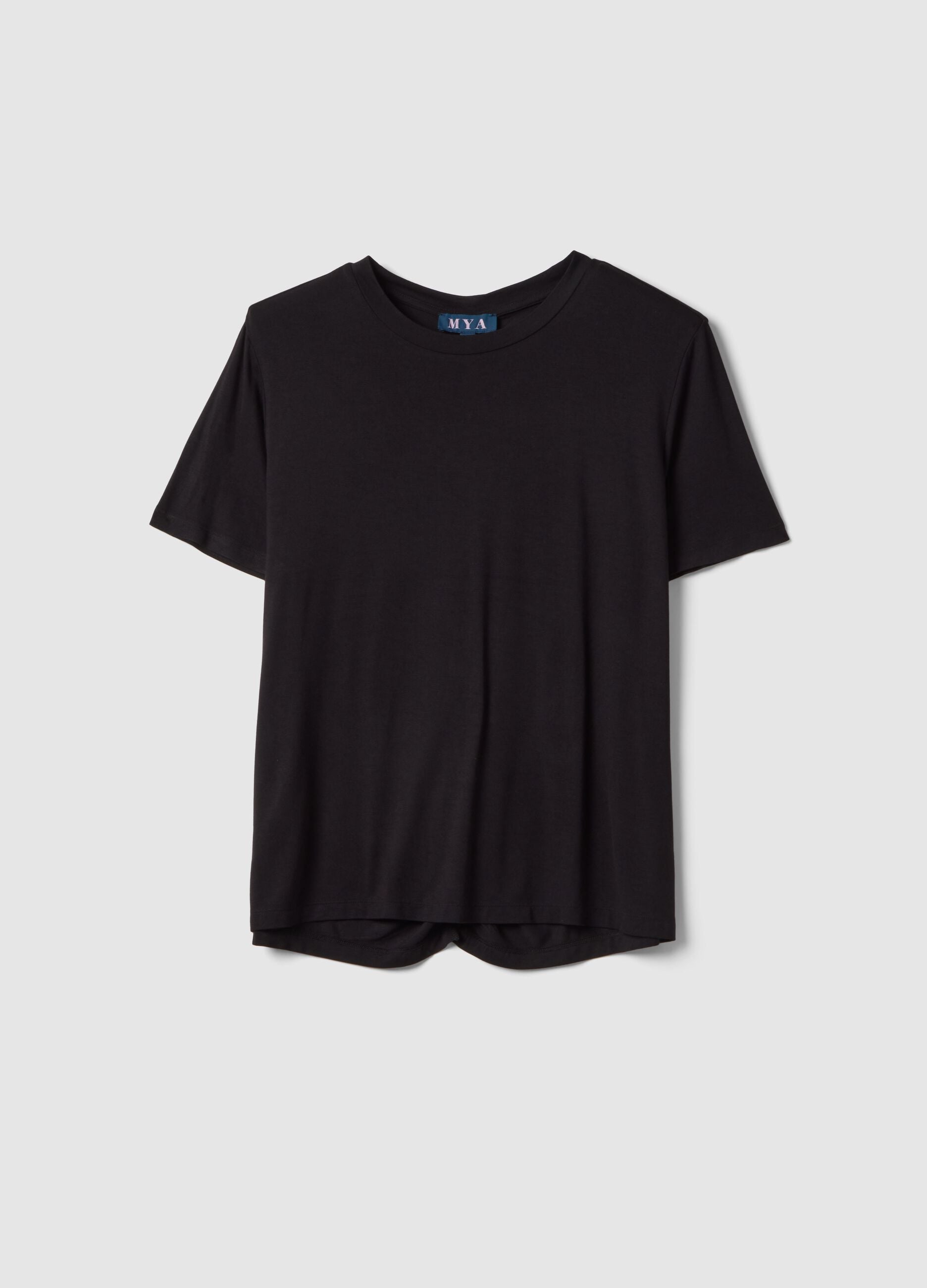 Black stretch viscose regular fit t-shirt with drawstring closure