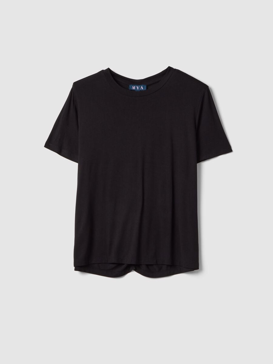 Black stretch viscose regular fit t-shirt with drawstring closure_4