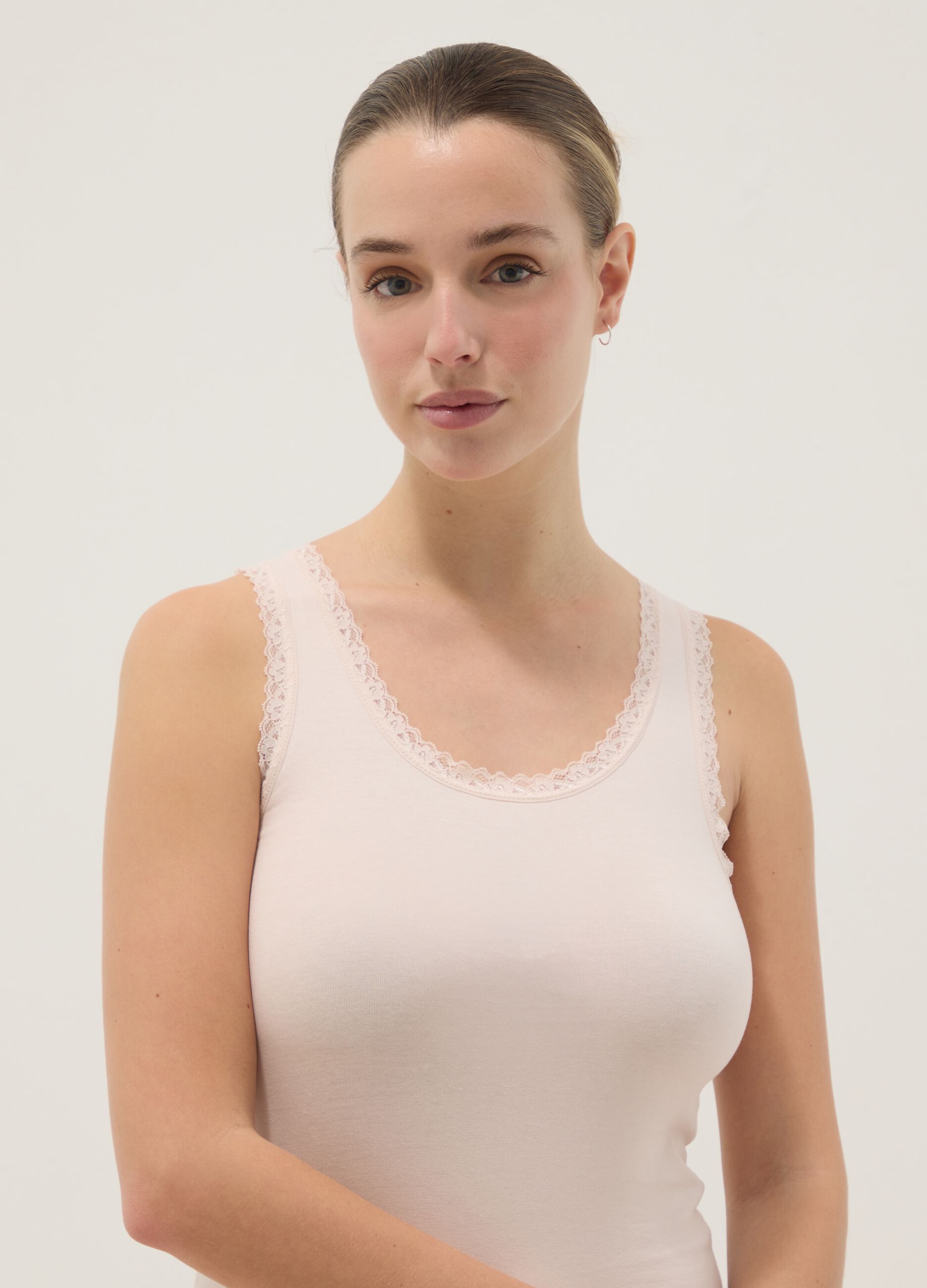 Beige regular fit stretch cotton vest with lace trim