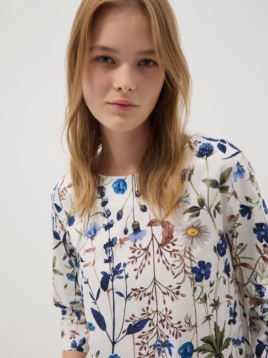 White stretch-cotton blouse with floral print_0