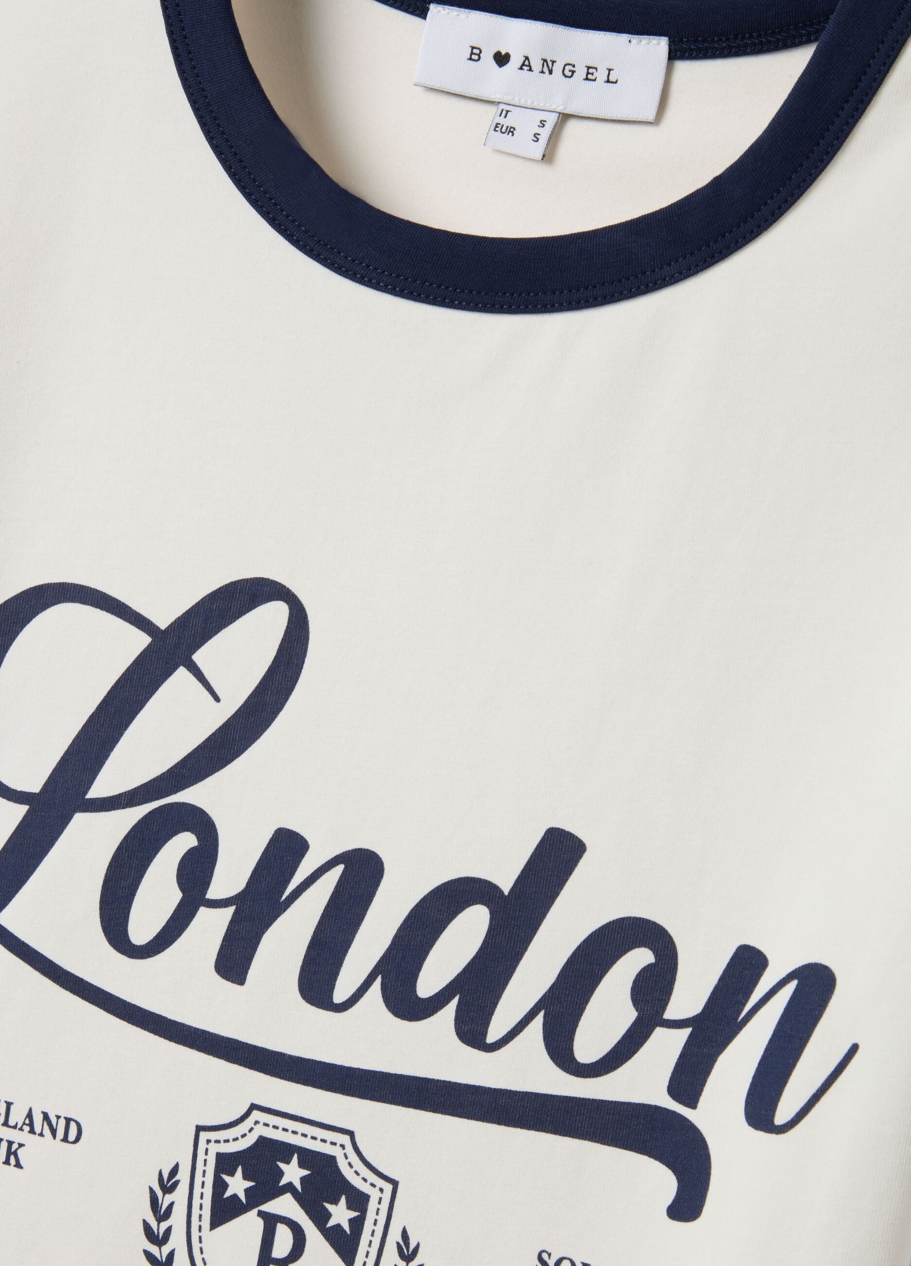 White stretch cotton T-shirt regular fit with blue print
