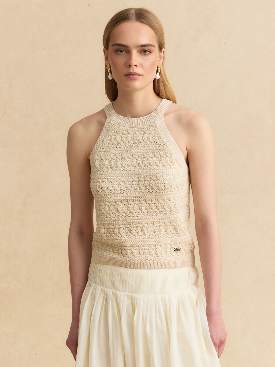 Tank top beige in crochet di misto cotone fitted_2