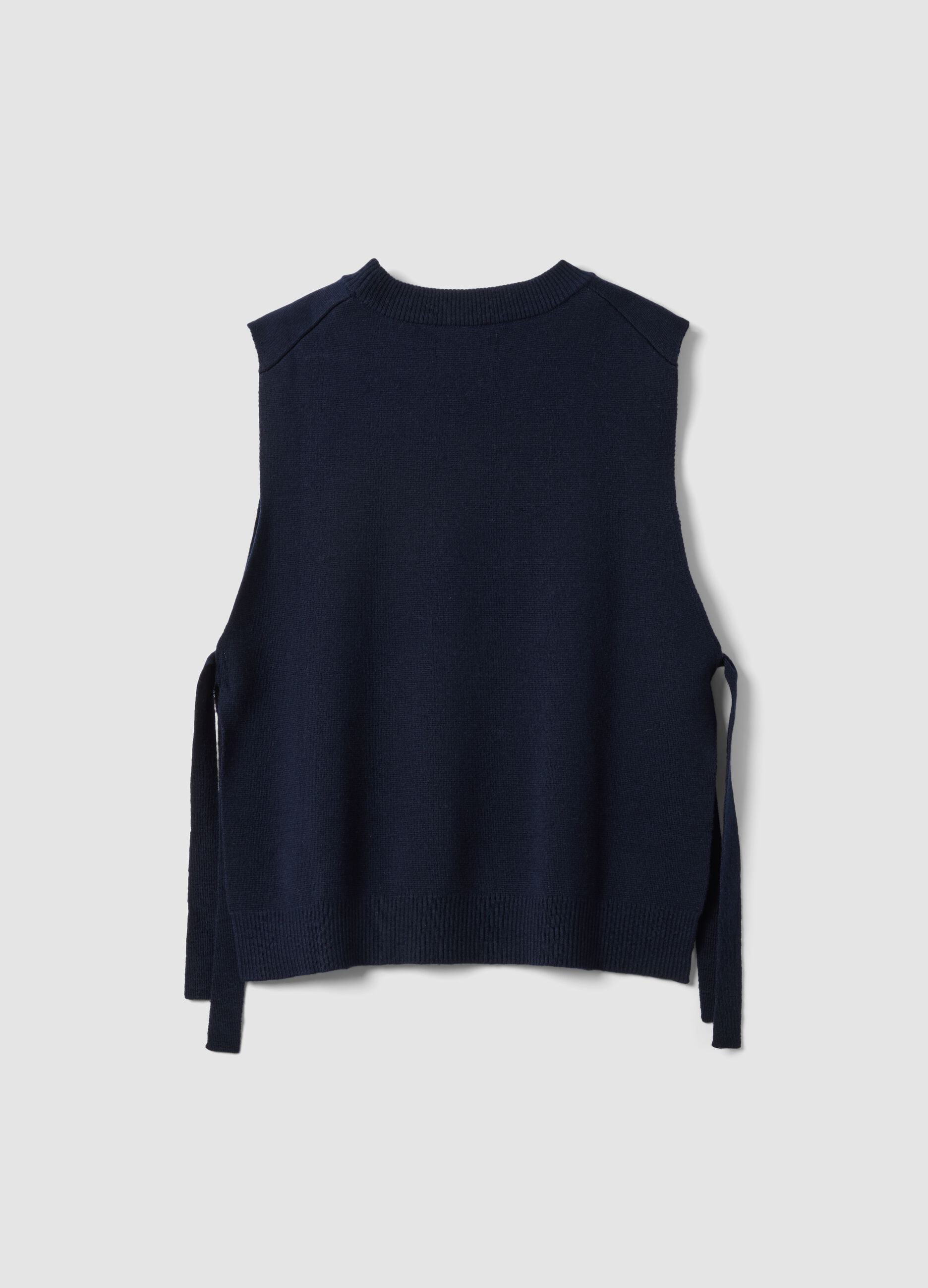 Blue wool-blend crew-neck gilet with tie-fastening side tabs, regular fit