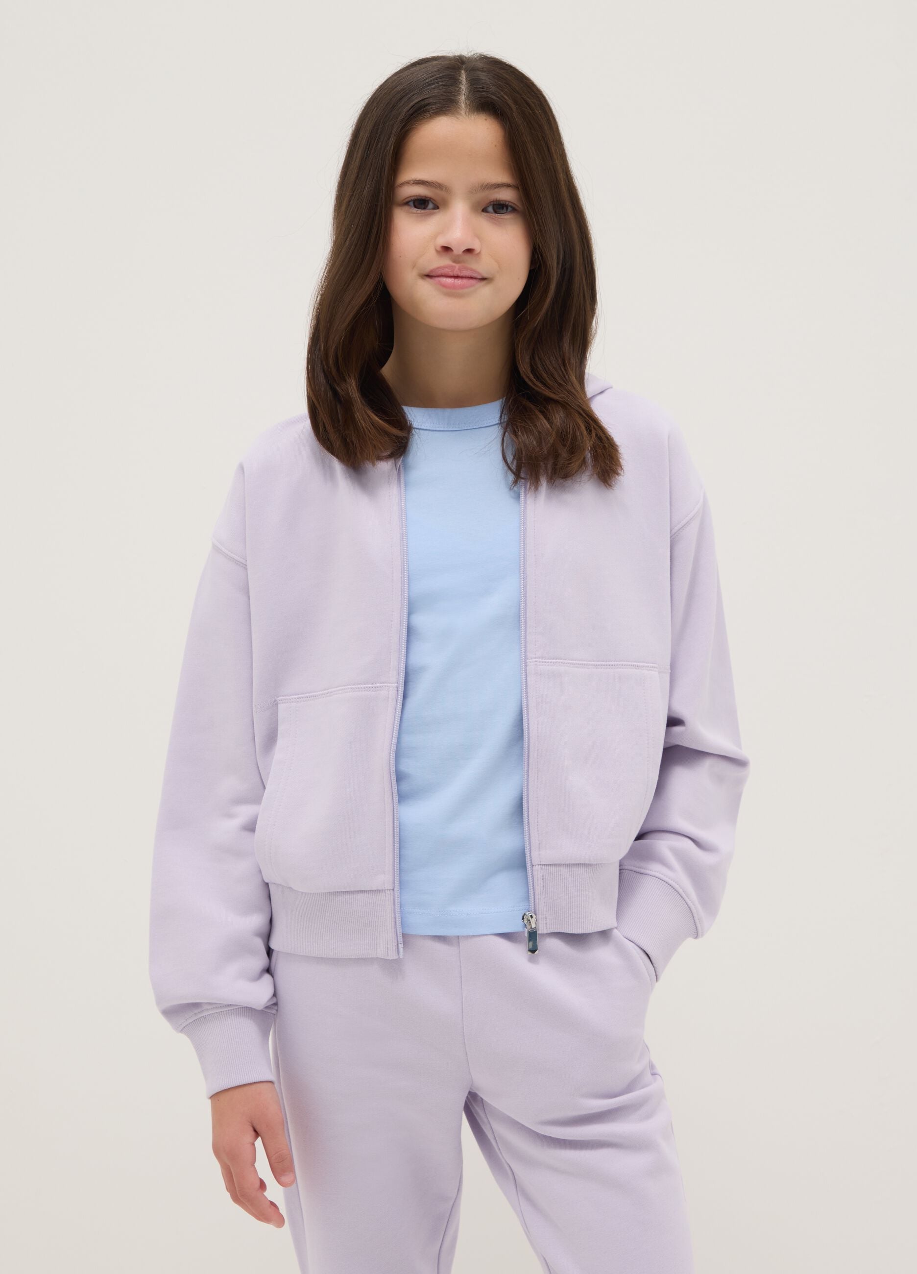Girls' purple regular fit pure cotton hoodie with zip