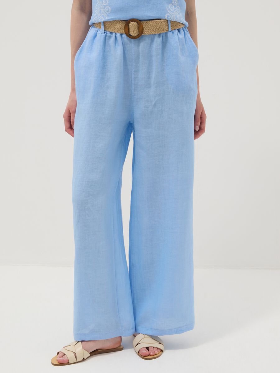 Sky-blue pure linen wide-leg trousers with elasticated waist_1