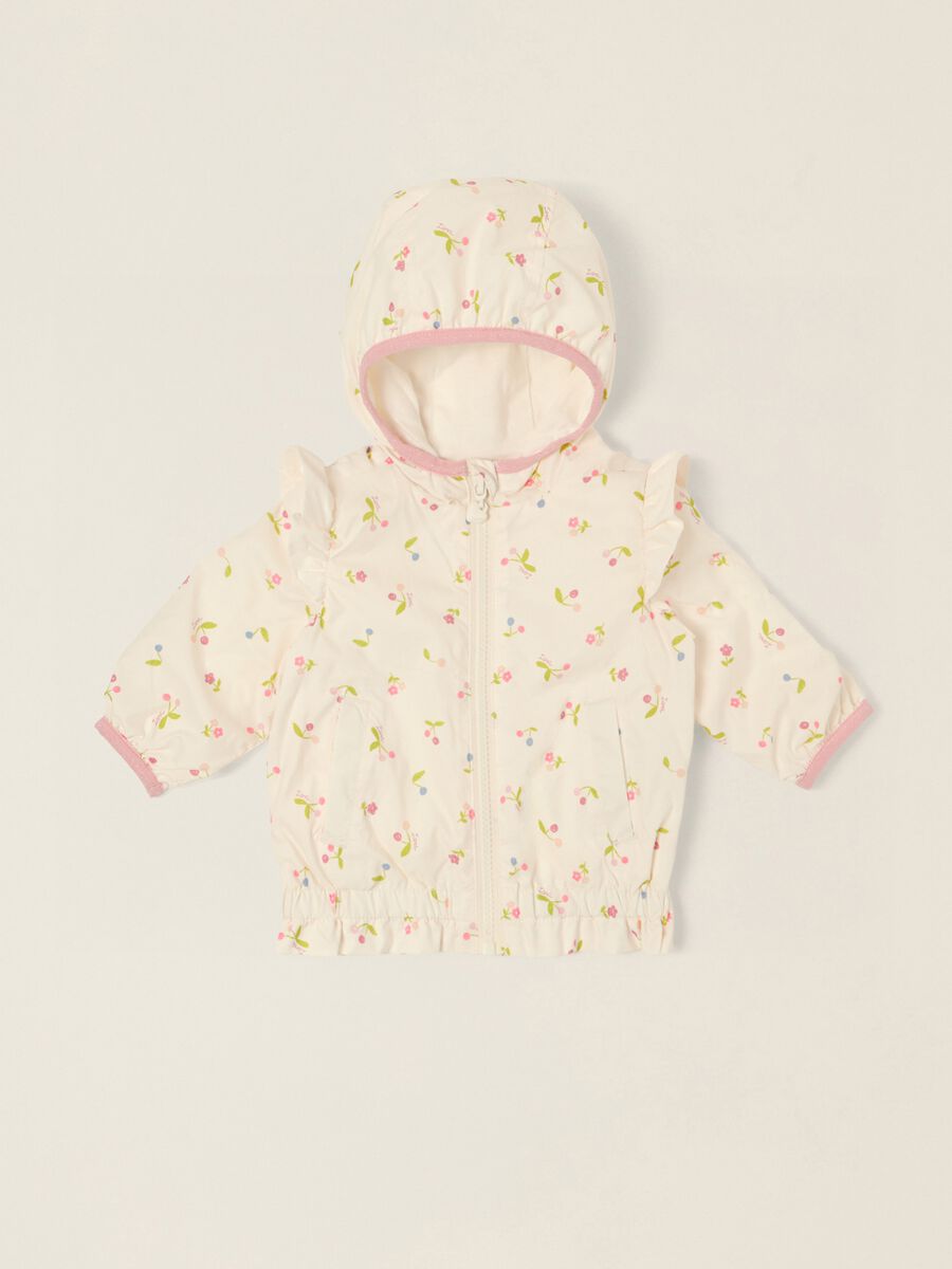 White baby girl hooded jacket with floral print_0