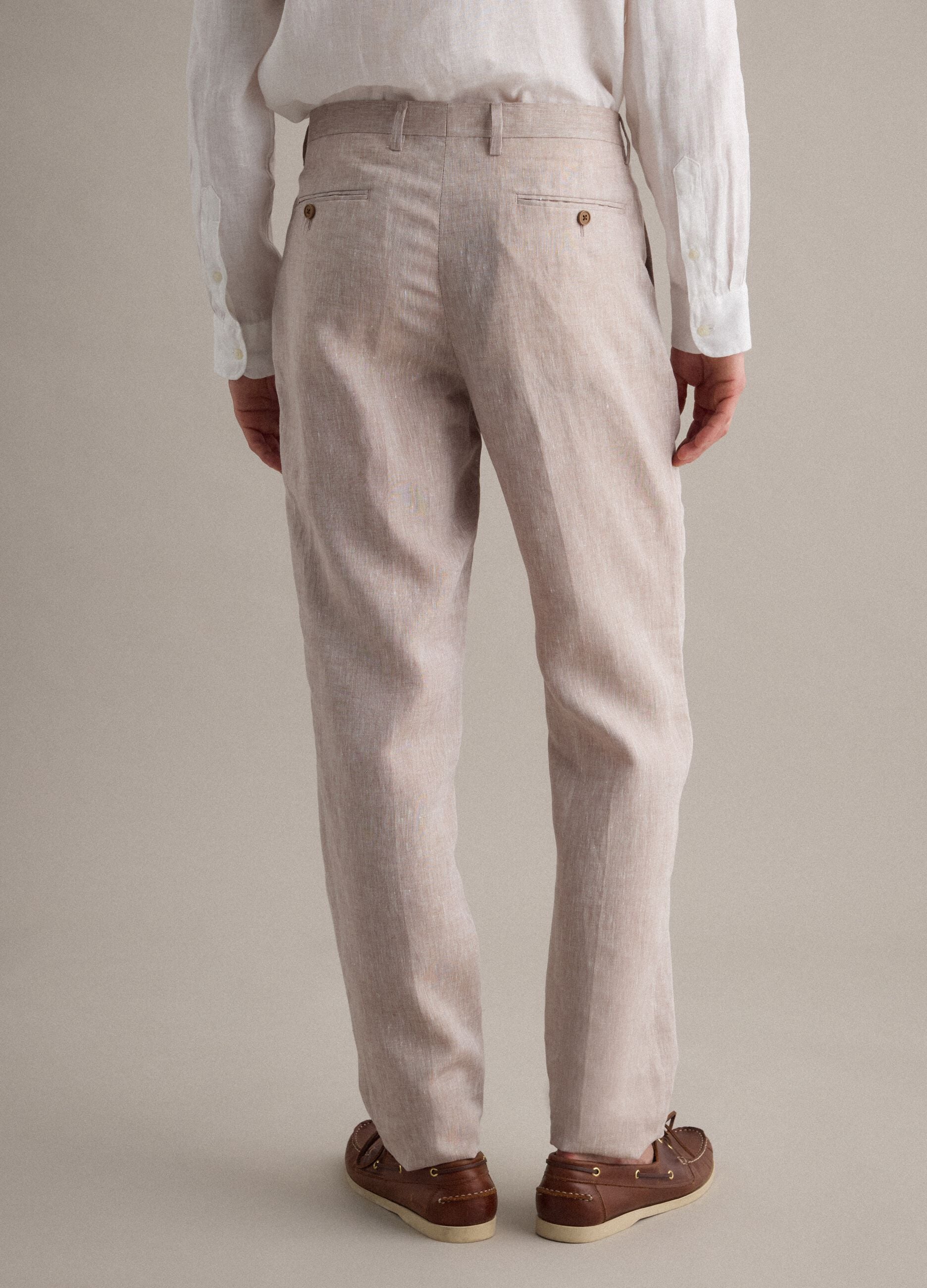 Beige pure linen slim fit trousers