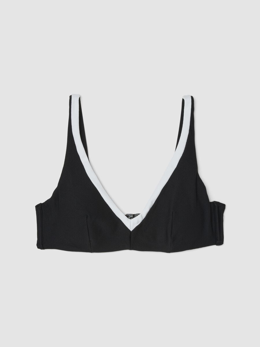 Black and white stretch fabric V-neck bikini top_4