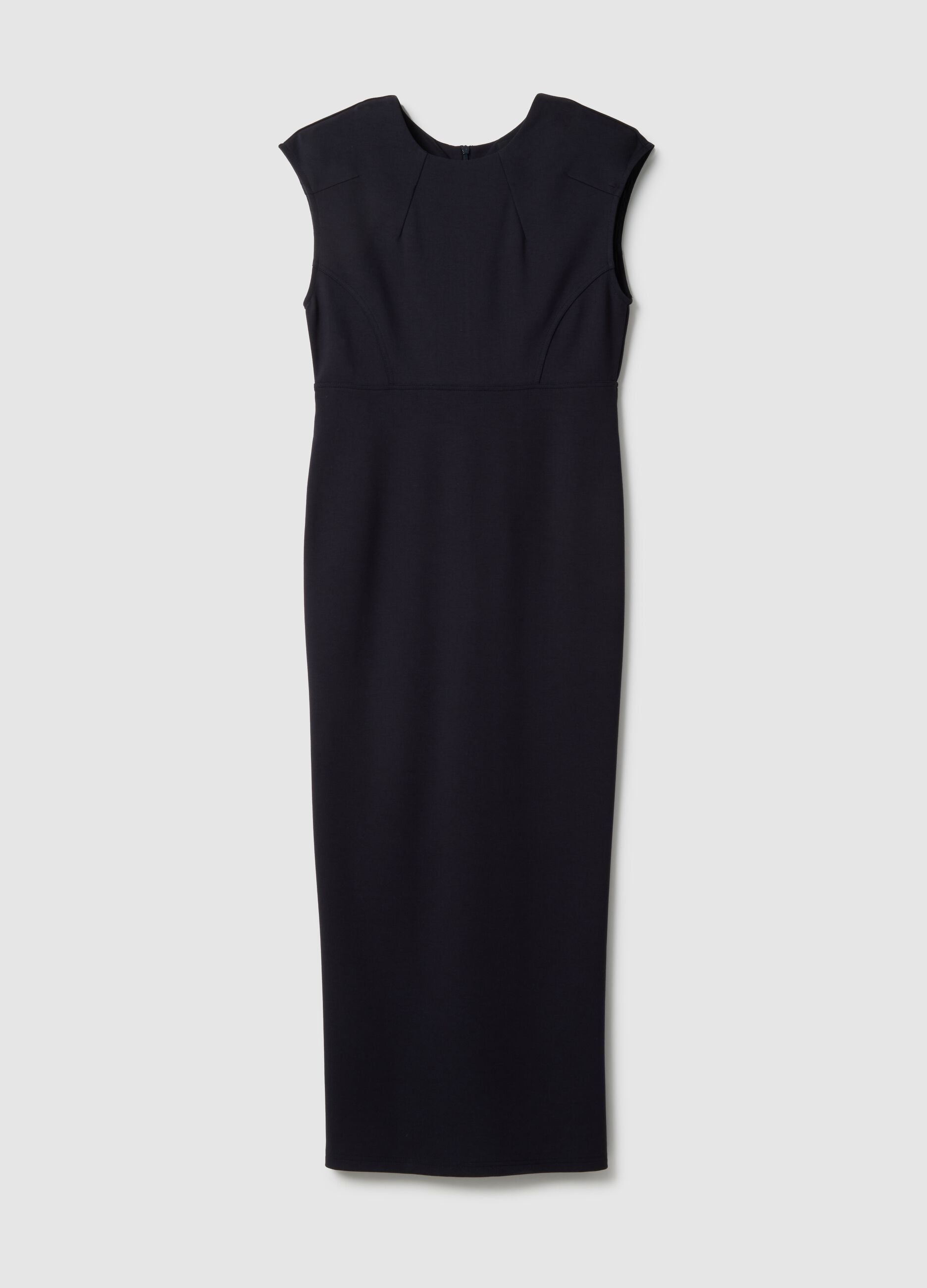 Sleeveless blue viscose blend slim fit dress with zip