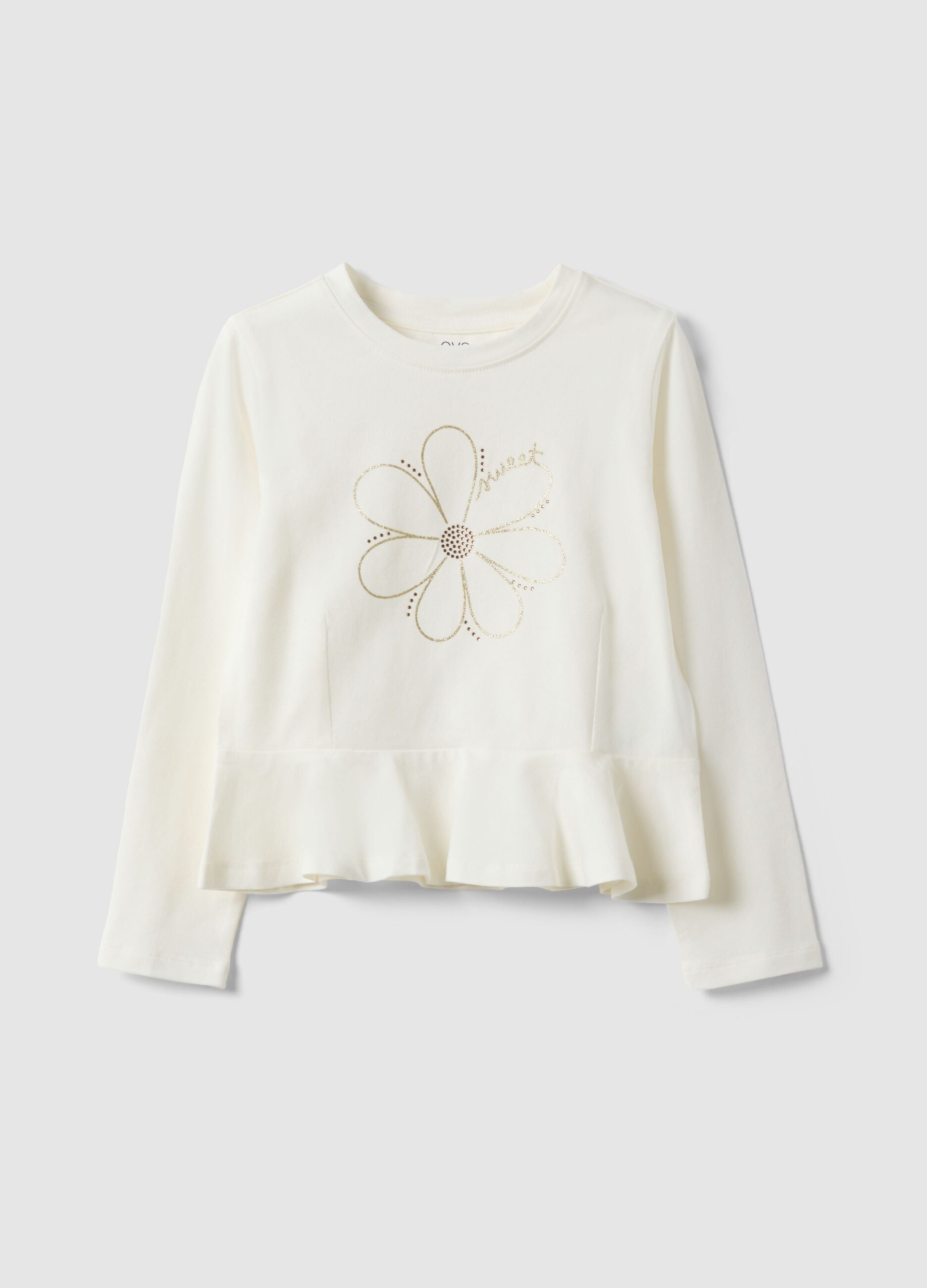 White stretch cotton girl's top regular fit with flower