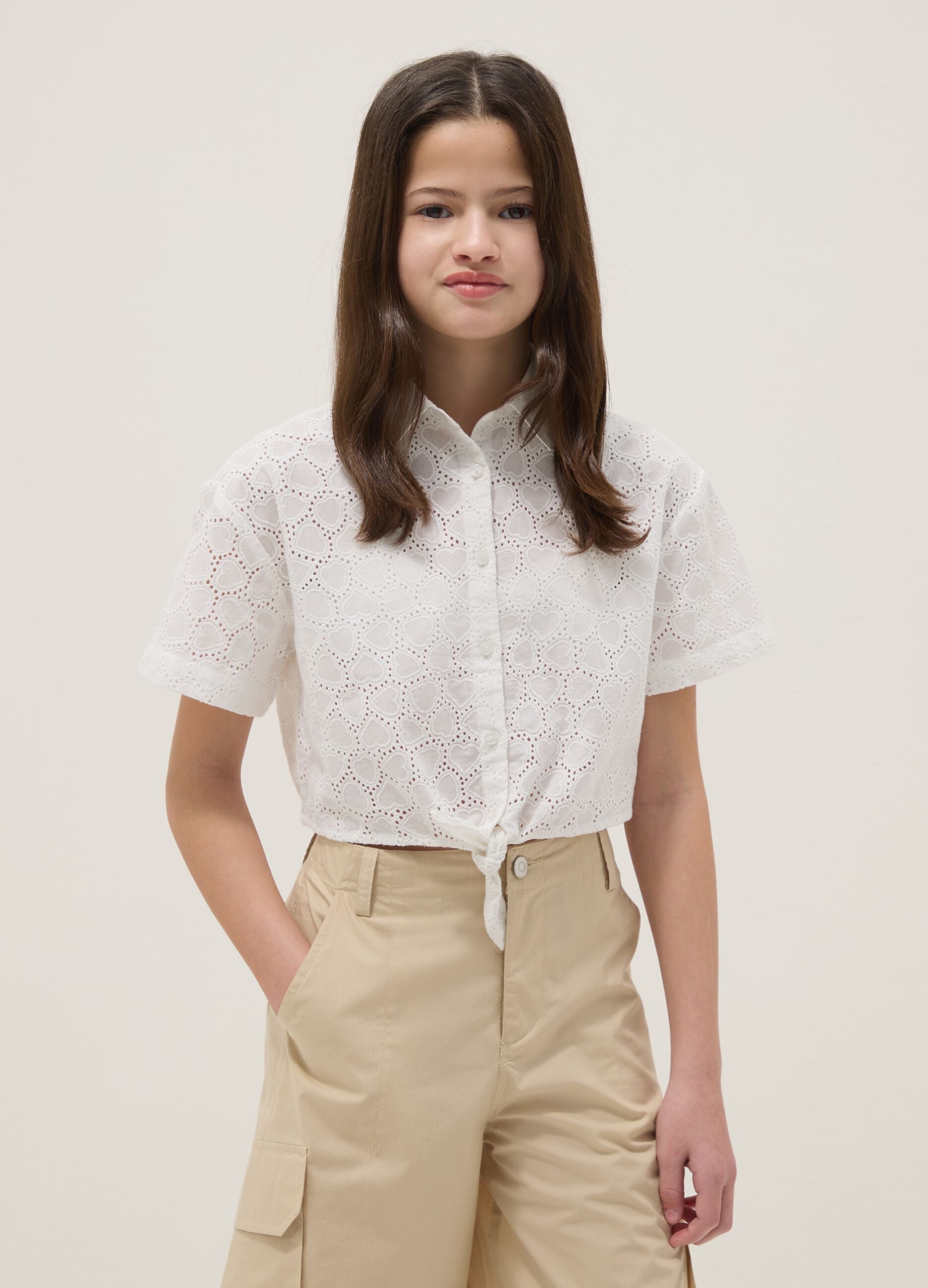 Girls&rsquo; white pure cotton regular-fit shirt with heart cutwork