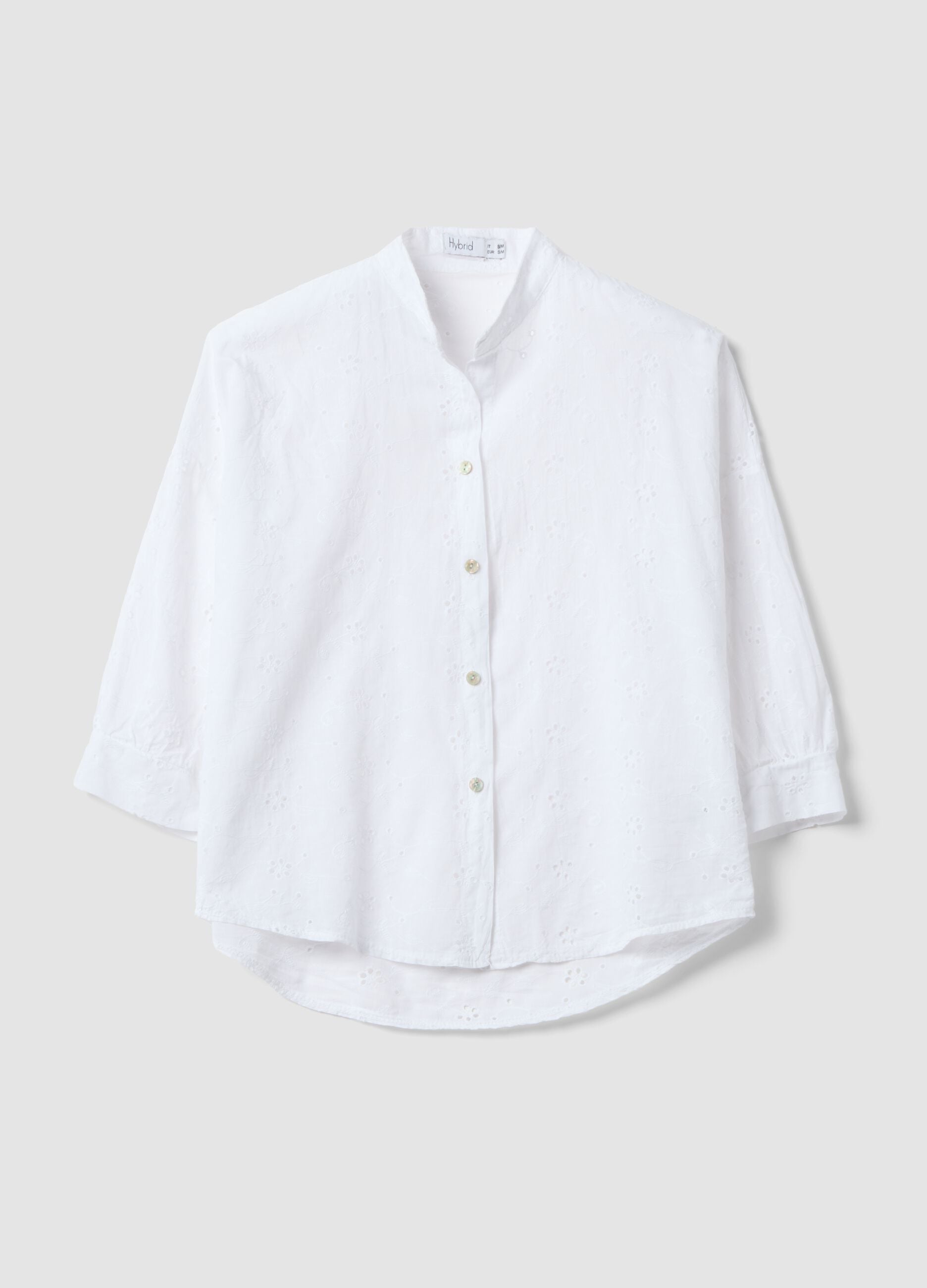 White broderie anglaise pure cotton shirt with Mandarin collar, regular fit