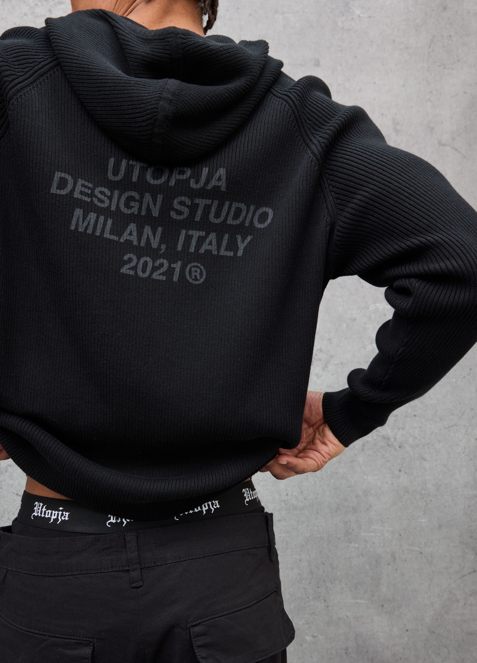 Black Ribbed Knit Hoodie