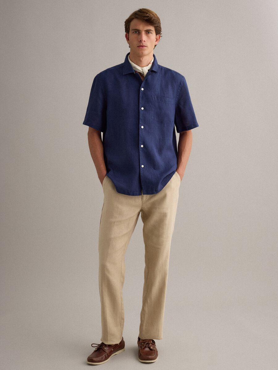 Blue pure linen short-sleeved bowling-collar shirt, regular fit_2