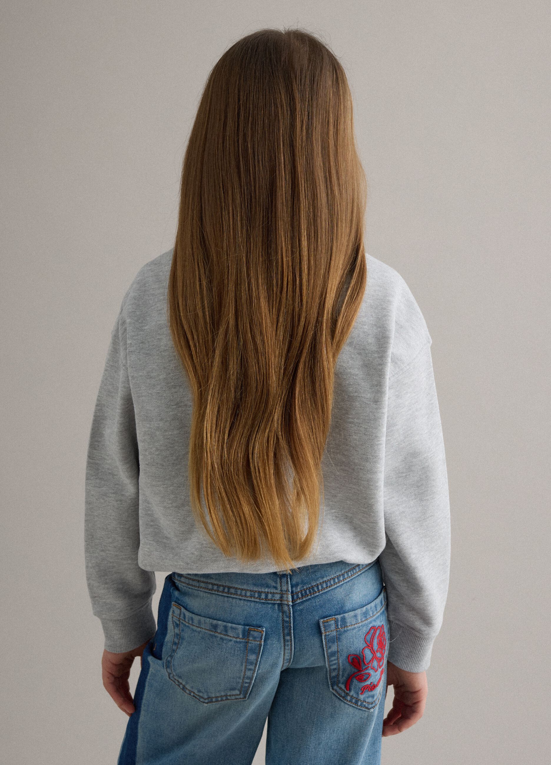 Grey cotton-blend sweatshirt for girls, regular fit with flowers