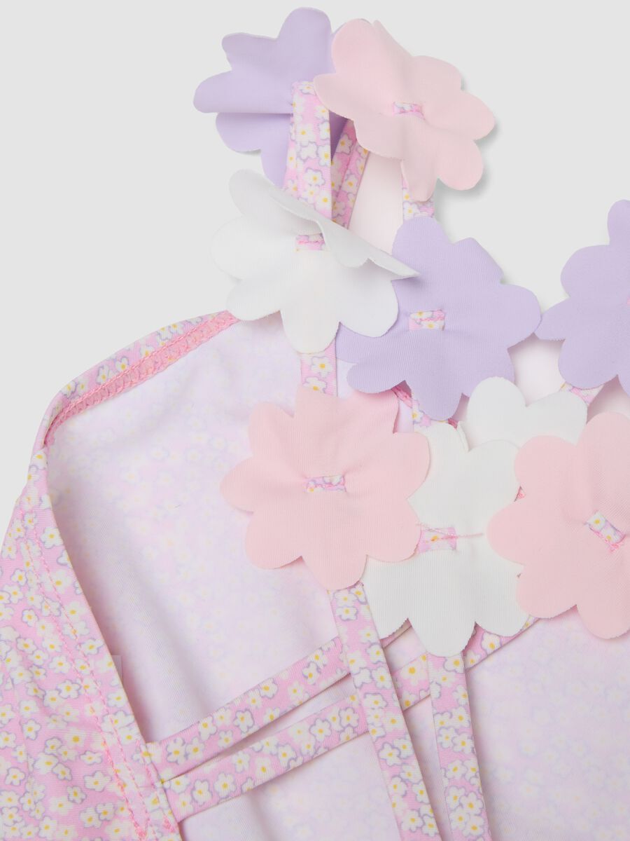 Pink stretchy one-piece swimsuit with appliqu&eacute; flowers for girls_2