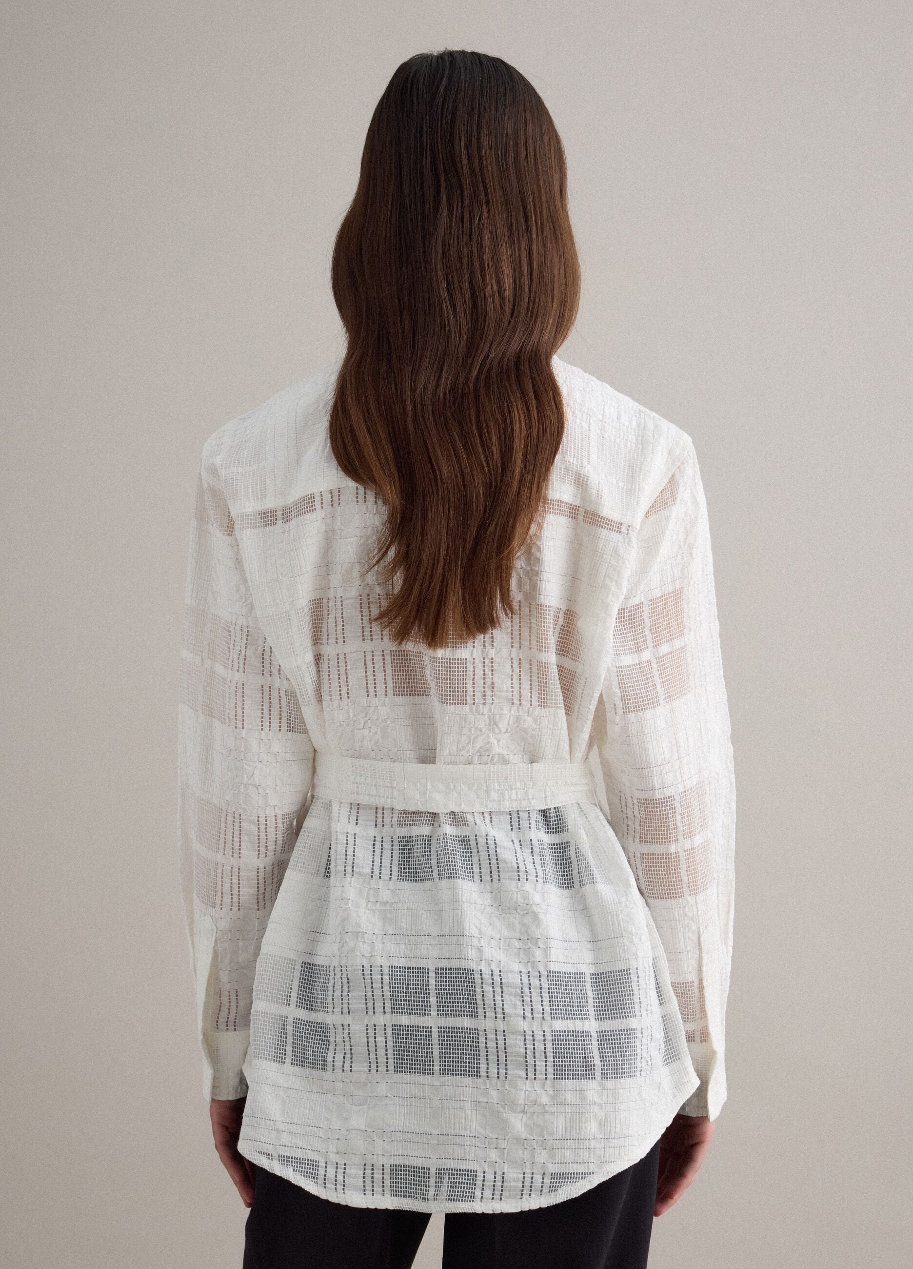 White viscose blend oversized fit semi-transparent check shirt