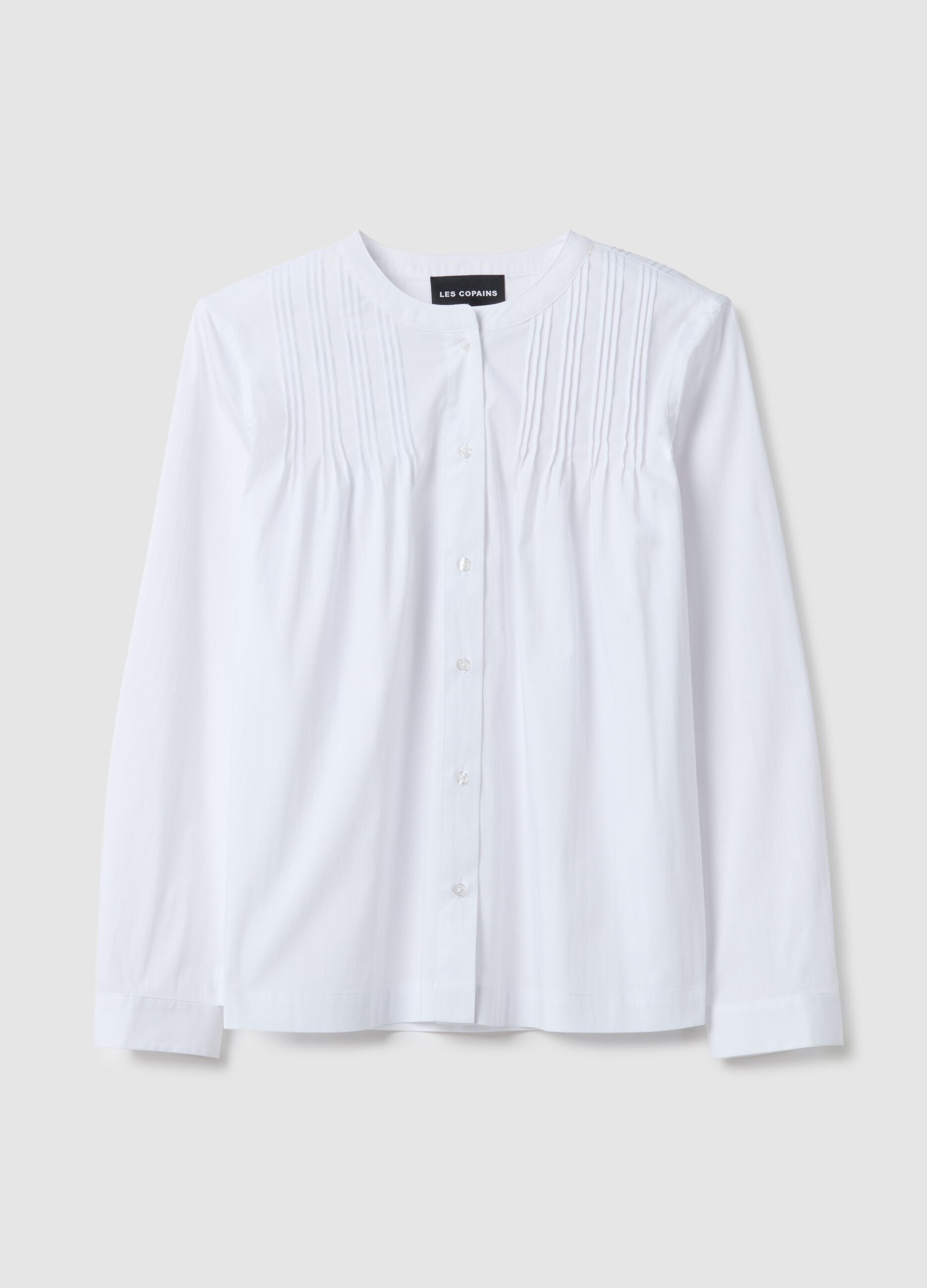White cotton blend regular fit shirt with mandarin collar