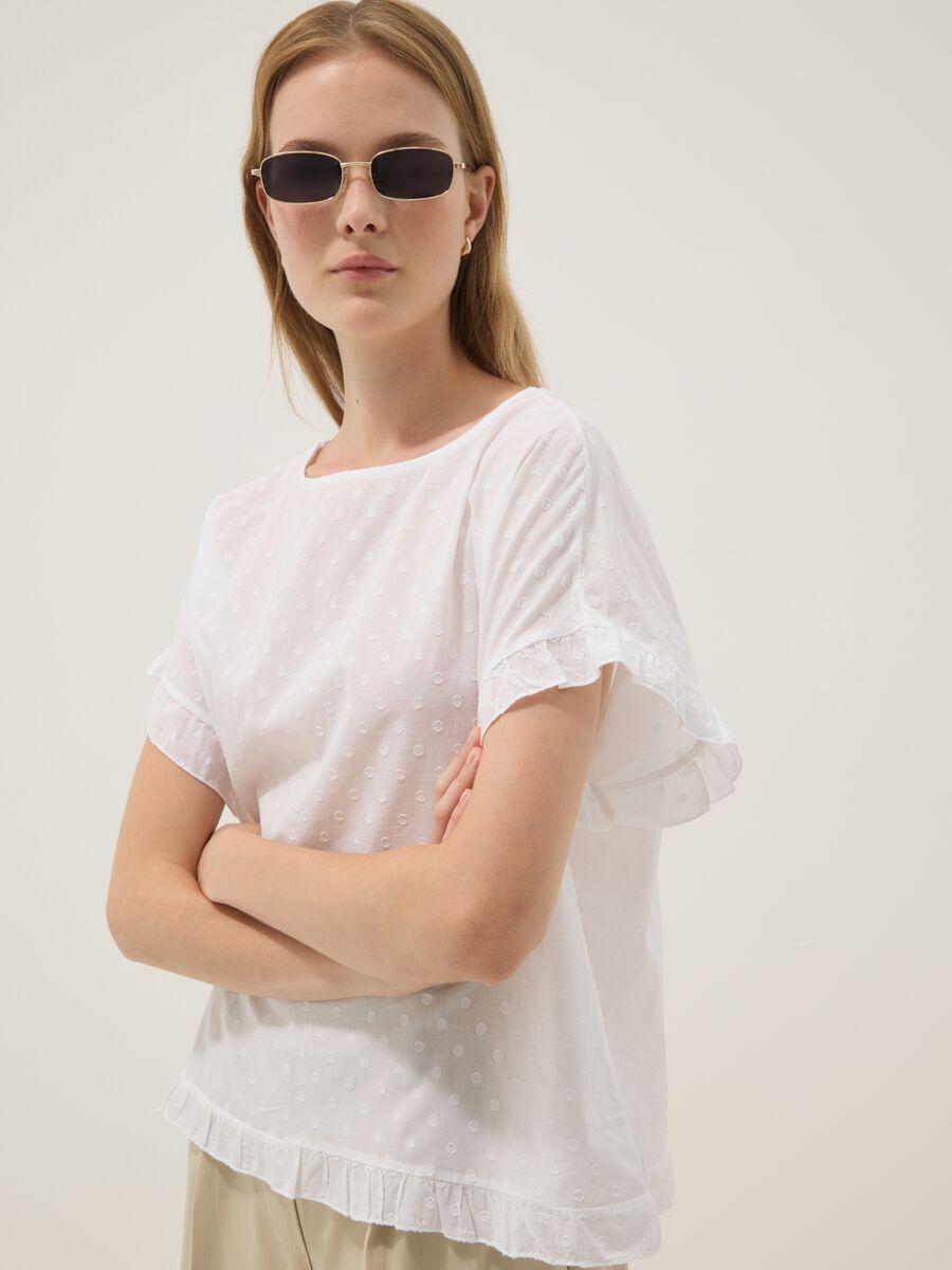 White pure-cotton blouse with ruffle trim_0