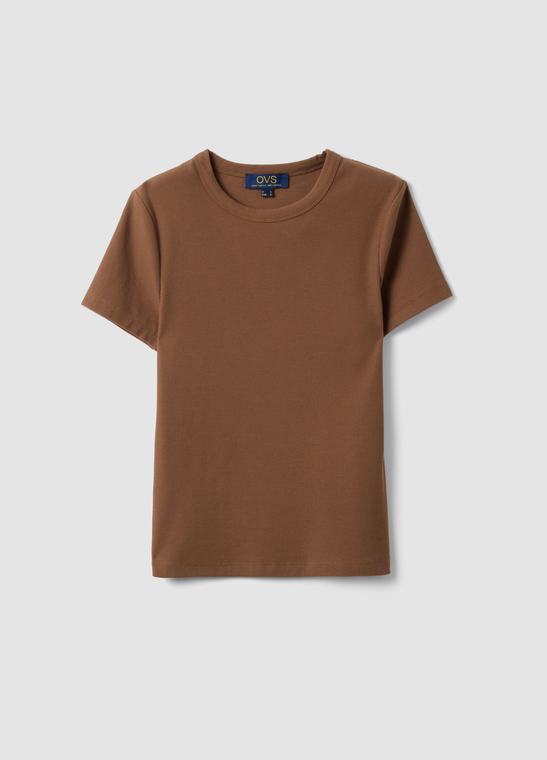 Brown fitted short-sleeve stretch cotton T-shirt