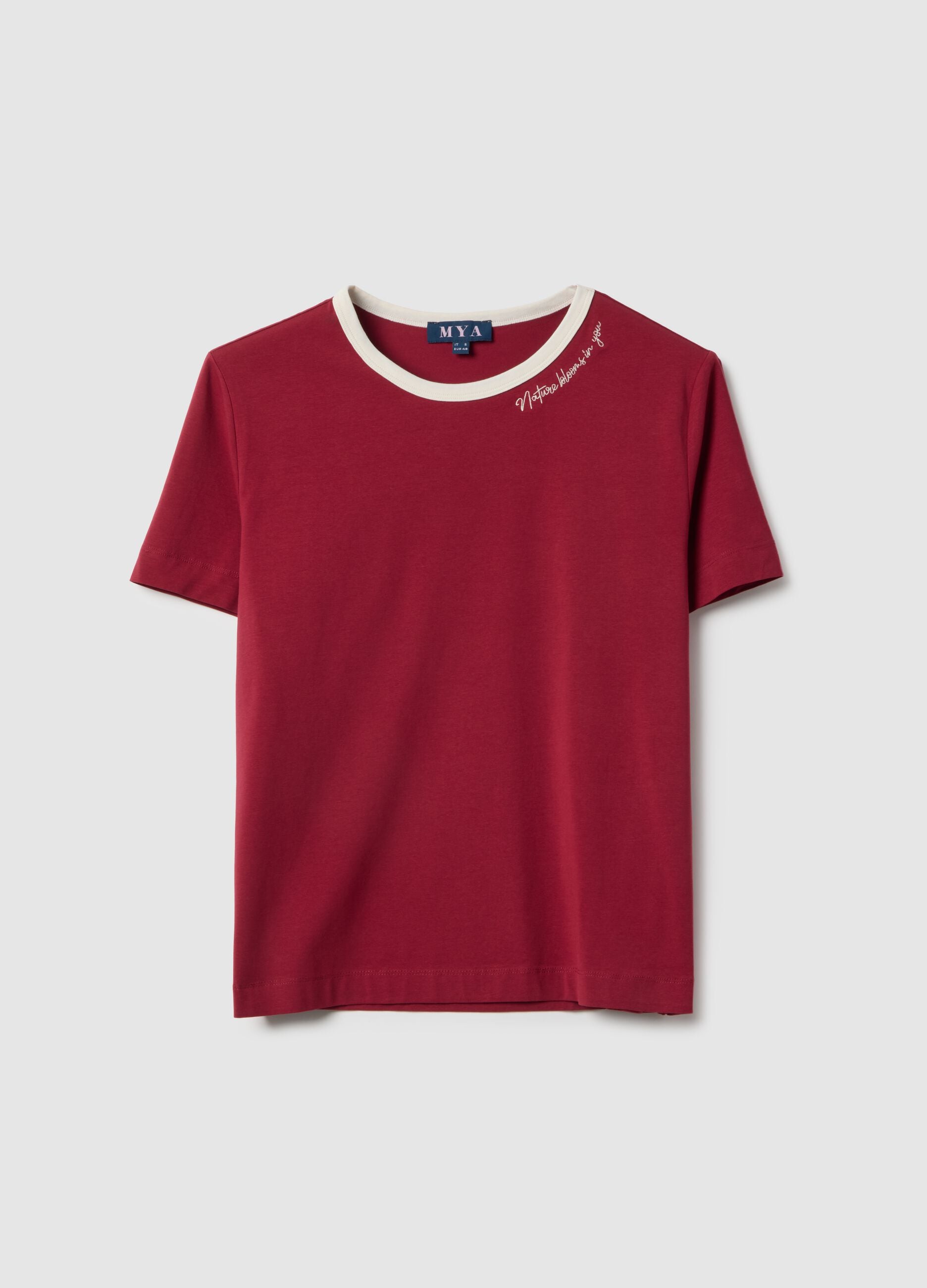 Red regular fit stretch cotton t-shirt with embroidered phrase