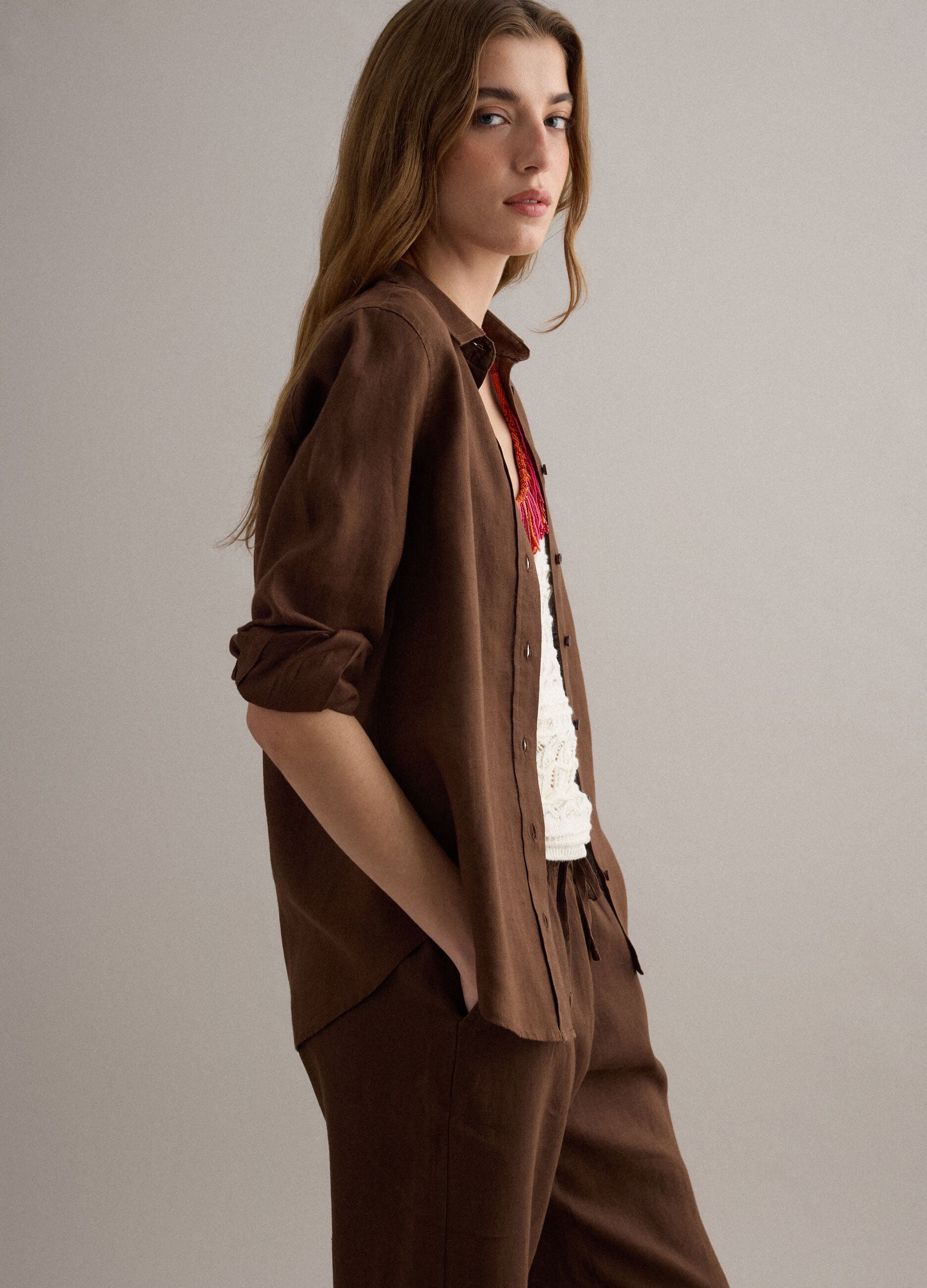 Brown pure linen regular fit shirt