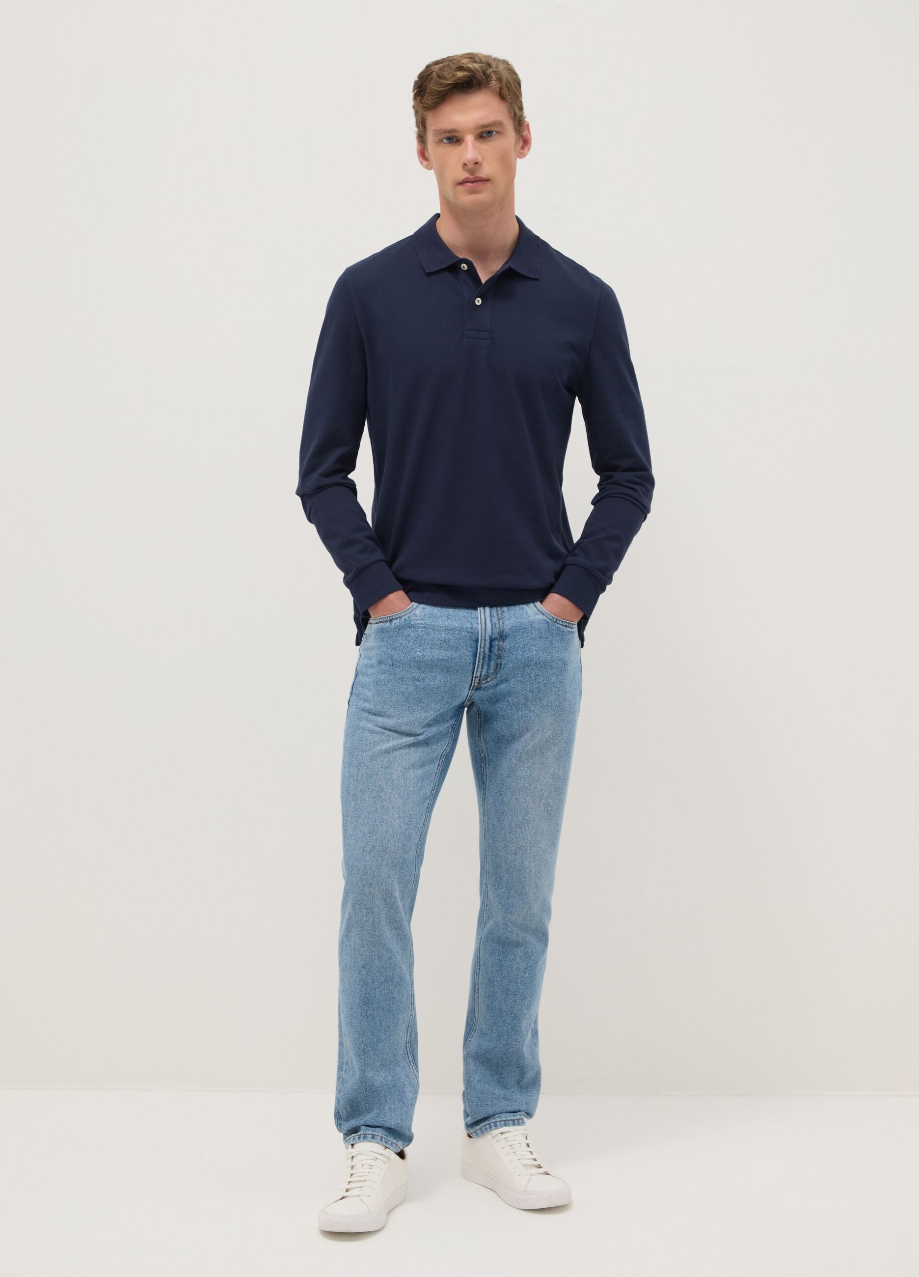 Long-sleeve blue polo shirt in pure cotton regular fit
