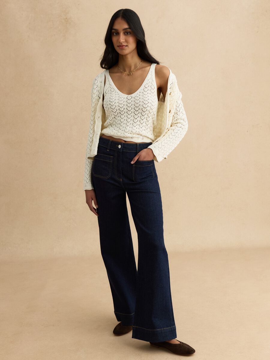 White pure cotton cardigan, regular fit deep V with openwork pattern_2