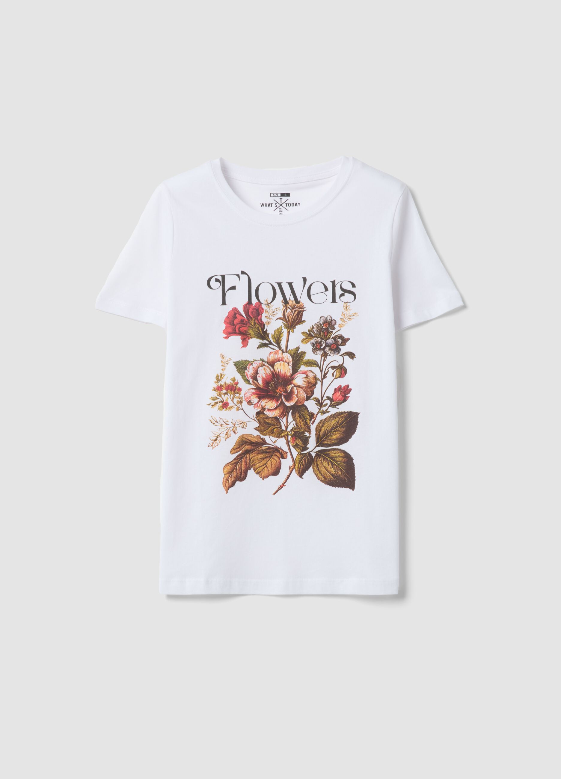 White pure cotton regular fit t-shirt with floral print