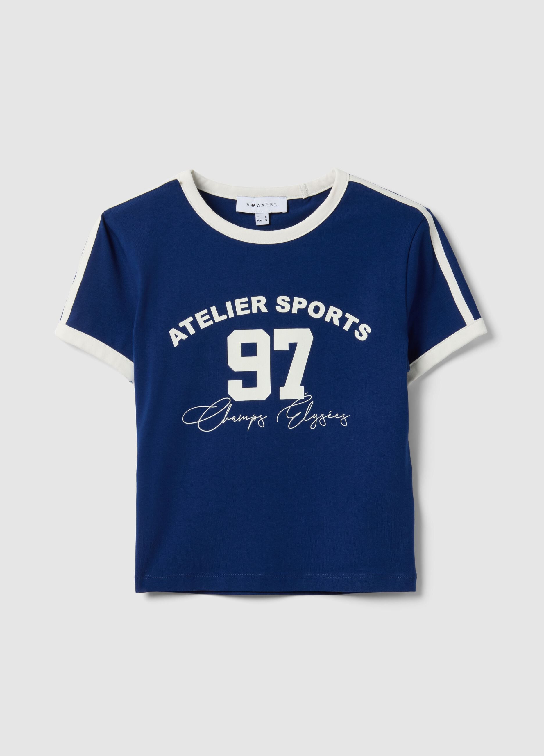 Slim fit blue stretch cotton T-shirt with print