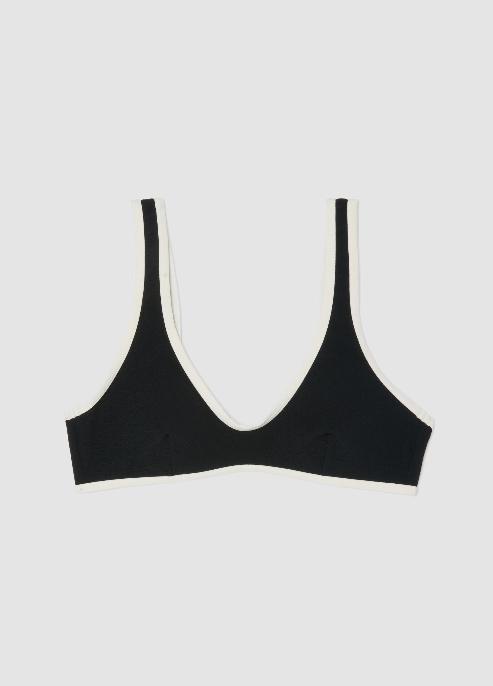 Black stretch fabric bikini top with white trim