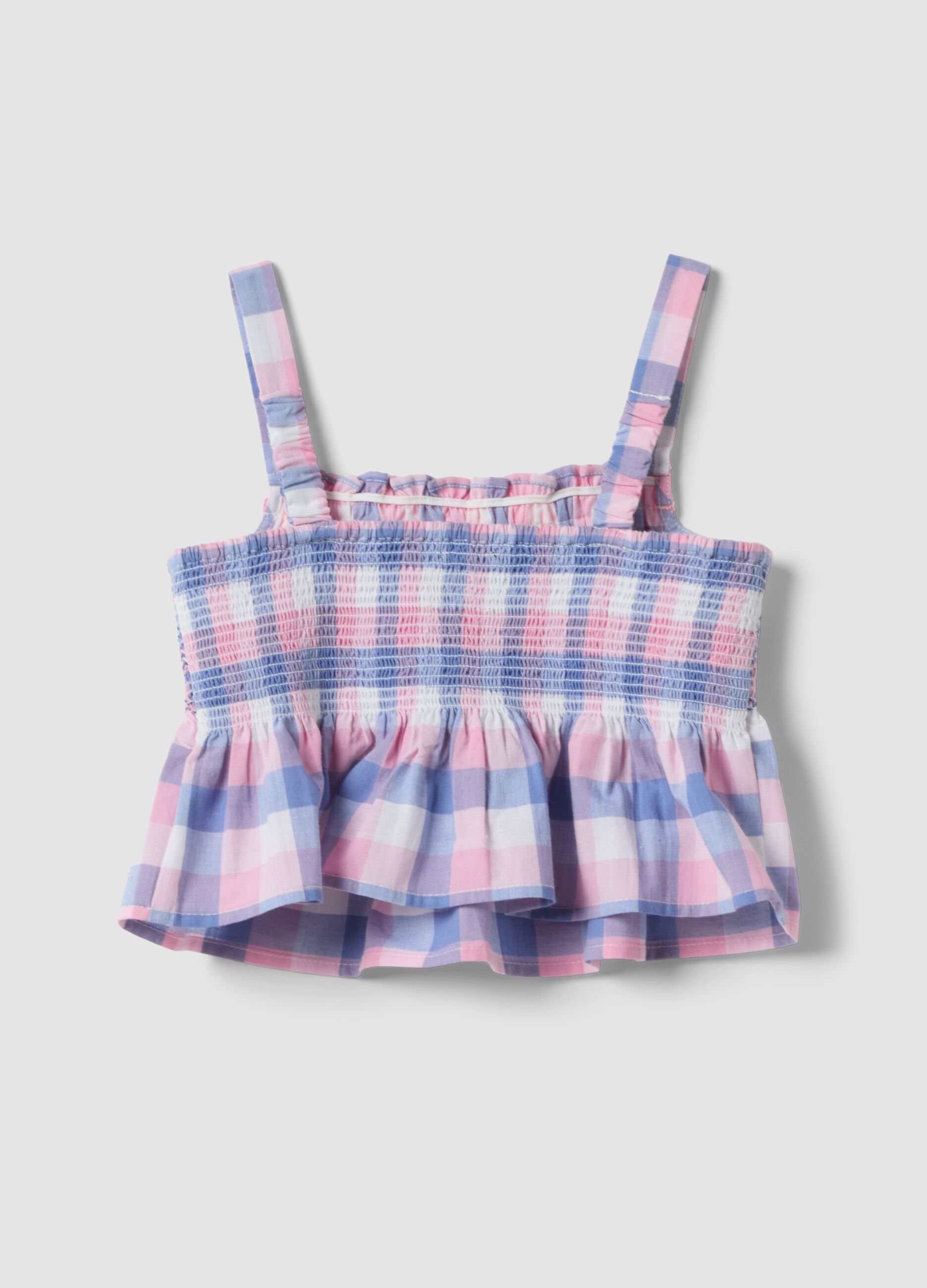Girls' regular fit multicoloured check pure cotton tank top