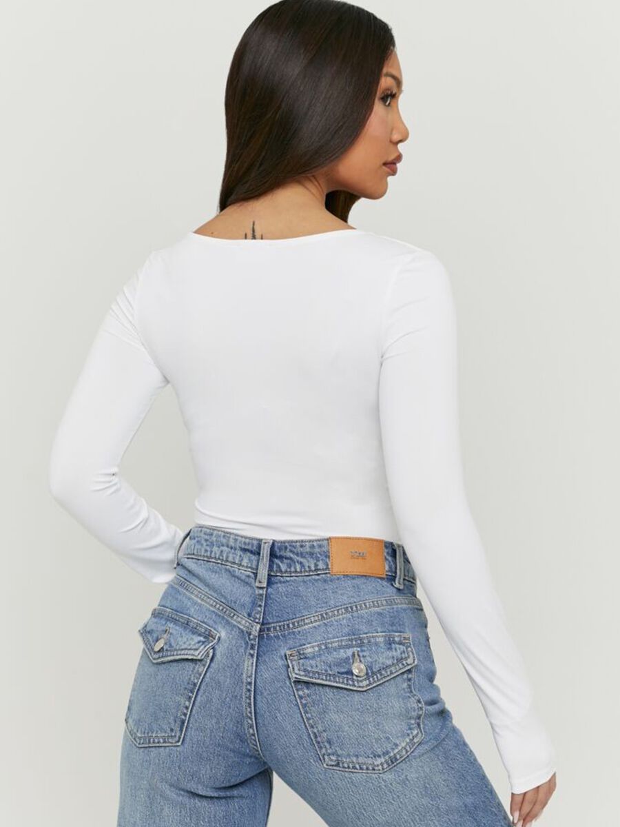 T-shirt bianca deep V a maniche lunghe in puro cotone regular fit_2