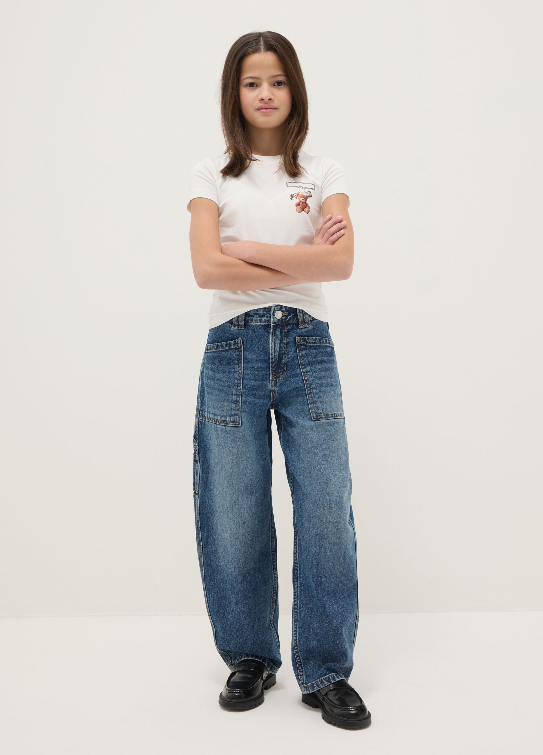 Girl's blue pure cotton balloon jeans with regular fit