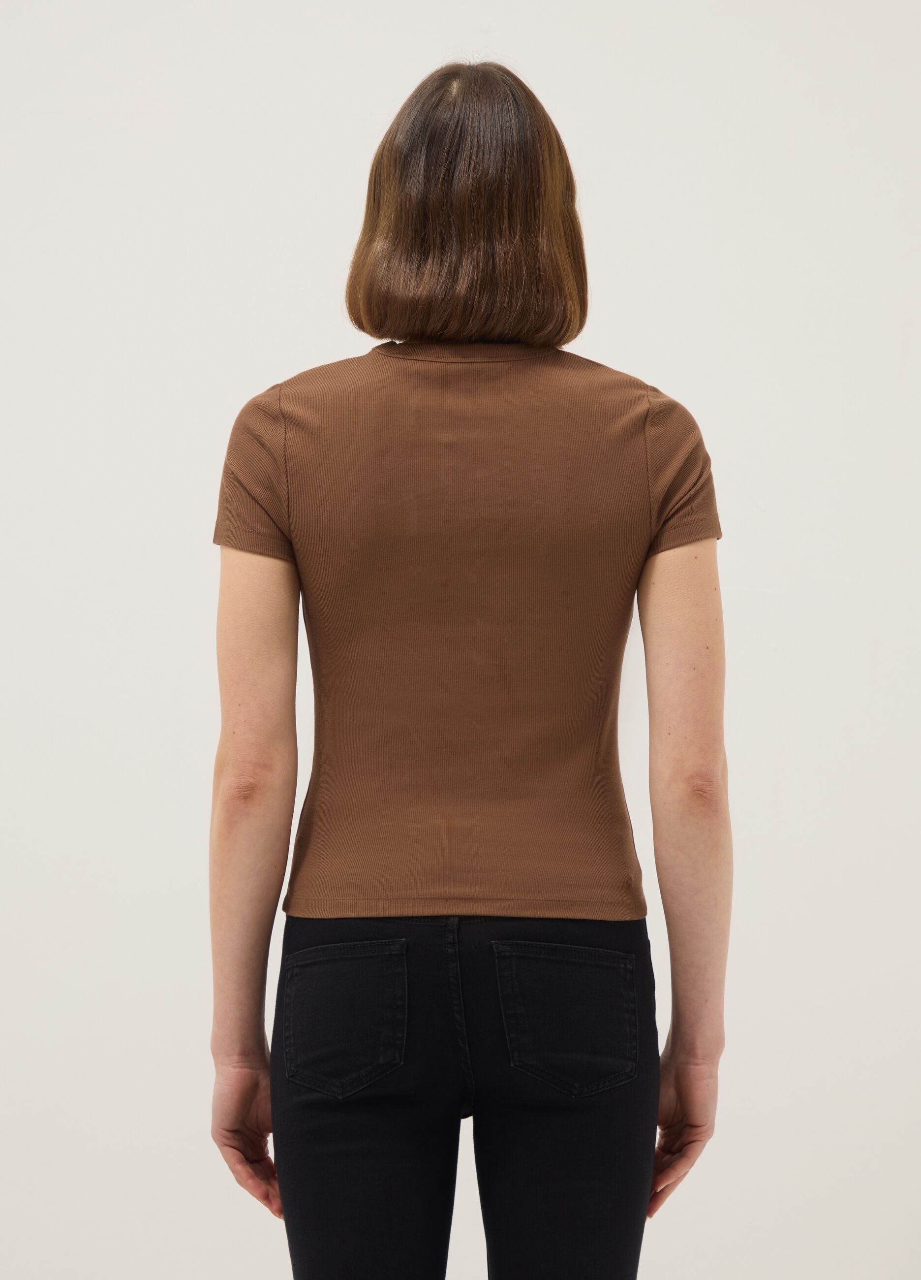 Brown fitted short-sleeve stretch cotton T-shirt